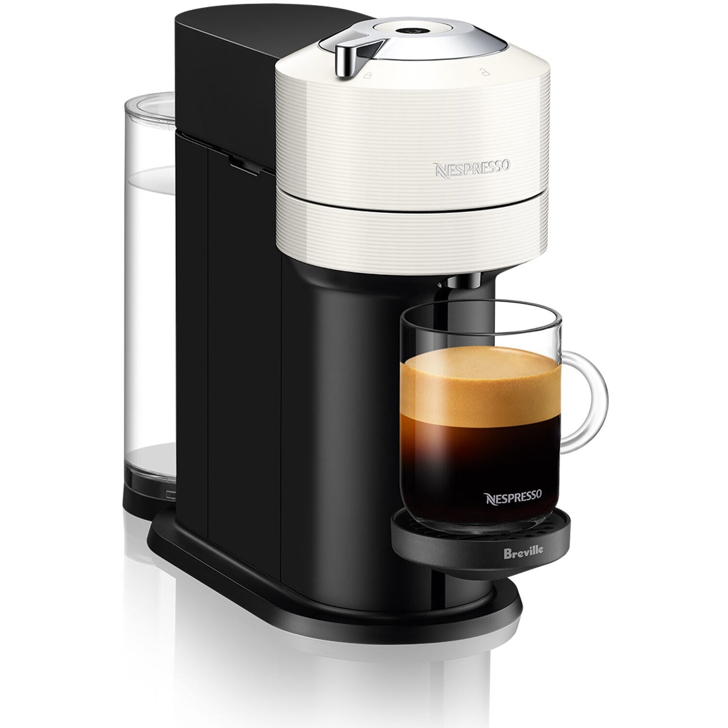 Vertuo Next coffee machine with crema cup, white top and black body