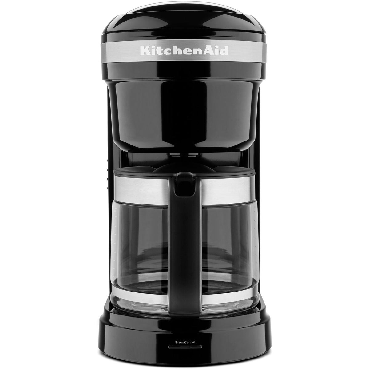 KitchenAid 12-cup drip coffee brewer, Onyx black front view with glass carafe