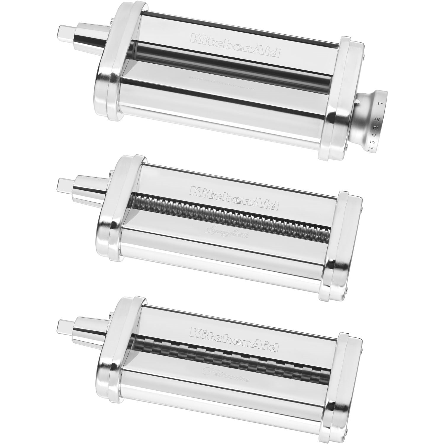 Chrome pasta cutter rollers with textured cutting surfaces on three attachments