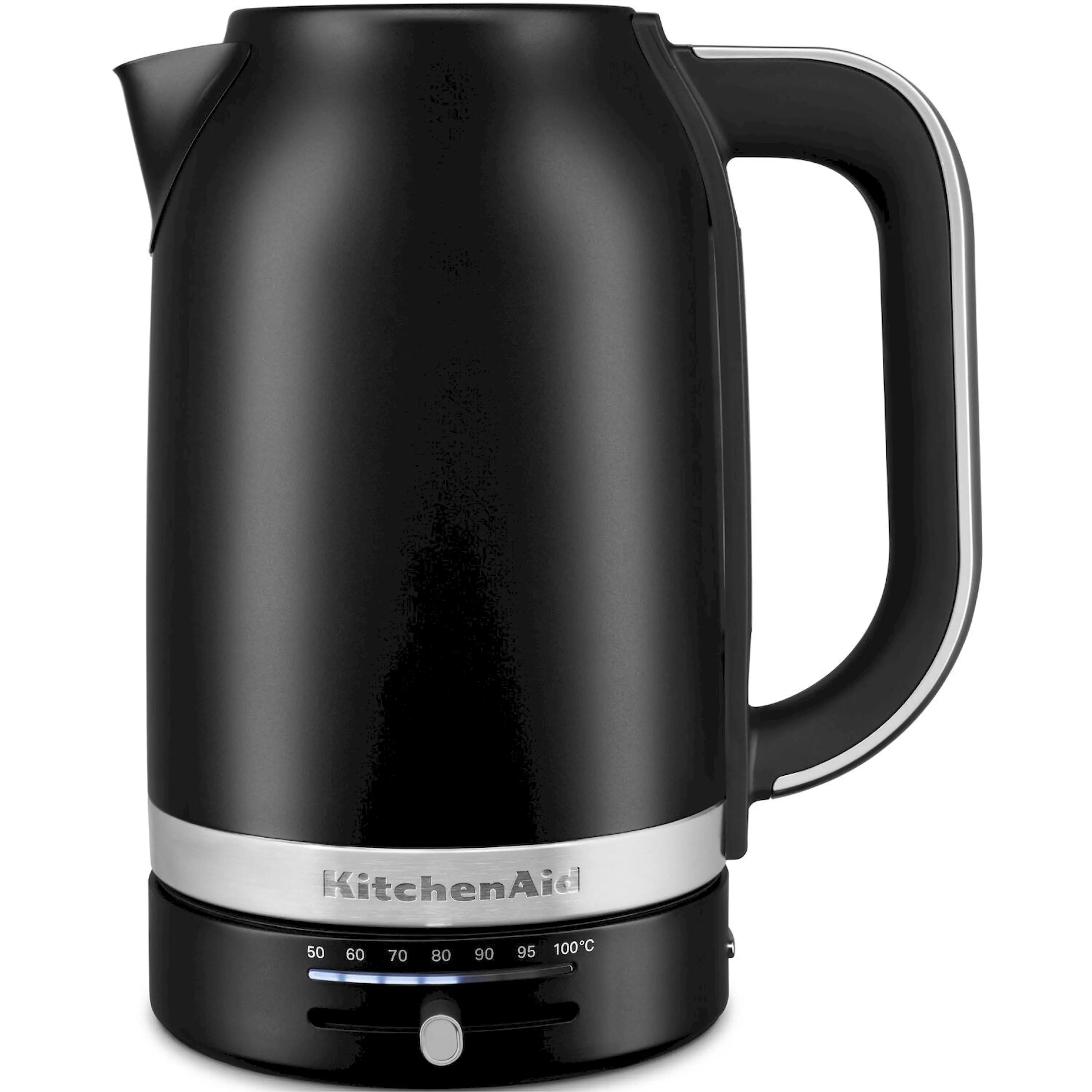 Matte black electric kettle with stainless steel rim and front temperature markings