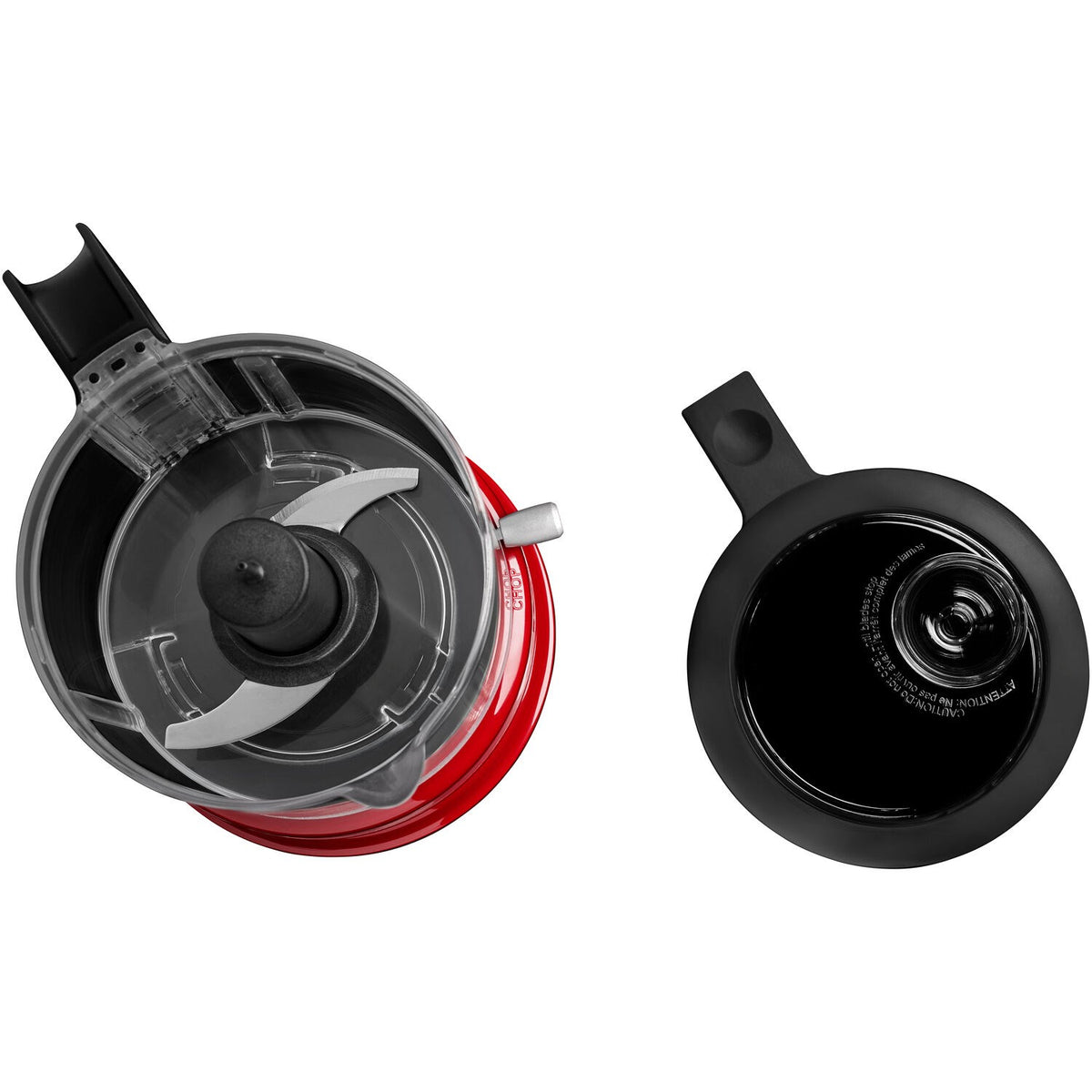 Food chopper blade assembly with red hub and black lid; whisk attachment shown