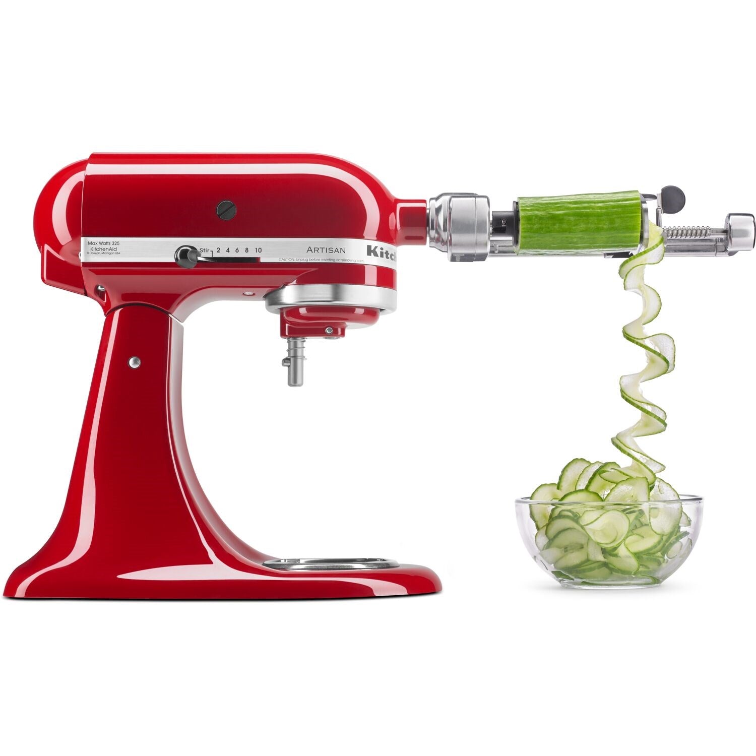 Stand mixer spiralizer attachment making green vegetable spirals, with crank and chute