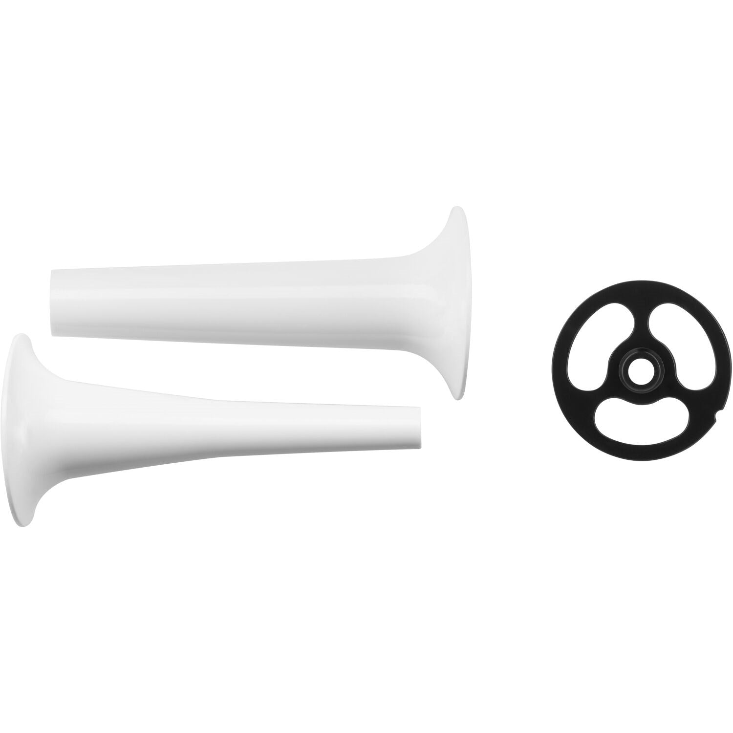 KitchenAid sausage stuffer kit parts: two white tubes and black stuffing disk