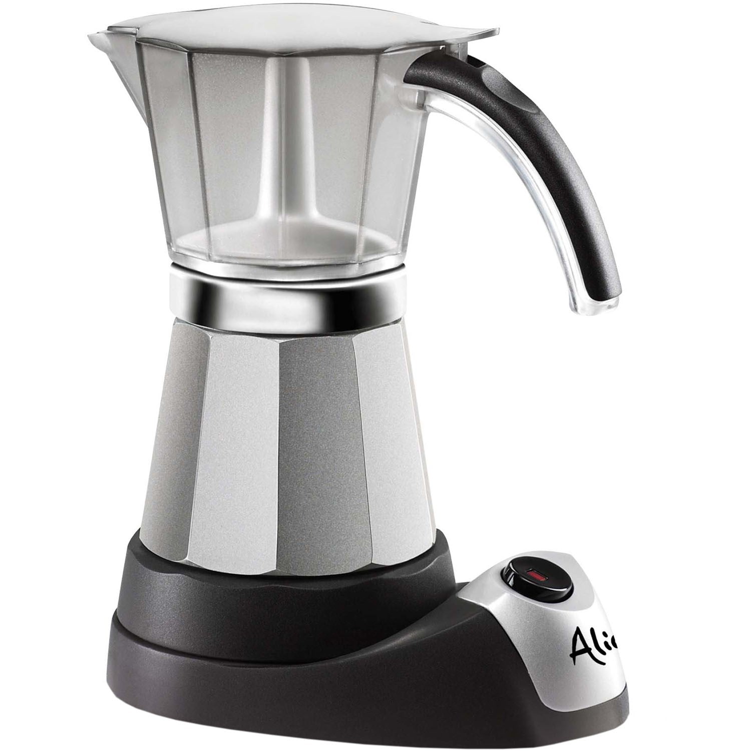 Stovetop moka espresso maker with clear glass top, black handle, and base