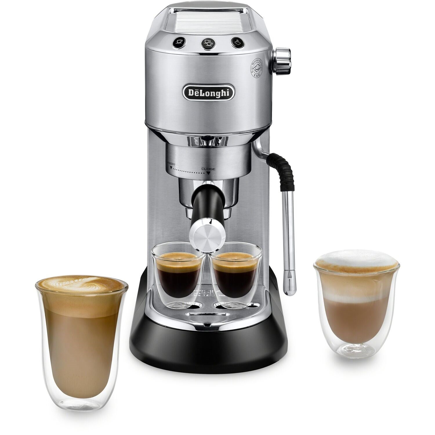 Stainless espresso machine making two drinks in glass cups with steam wand