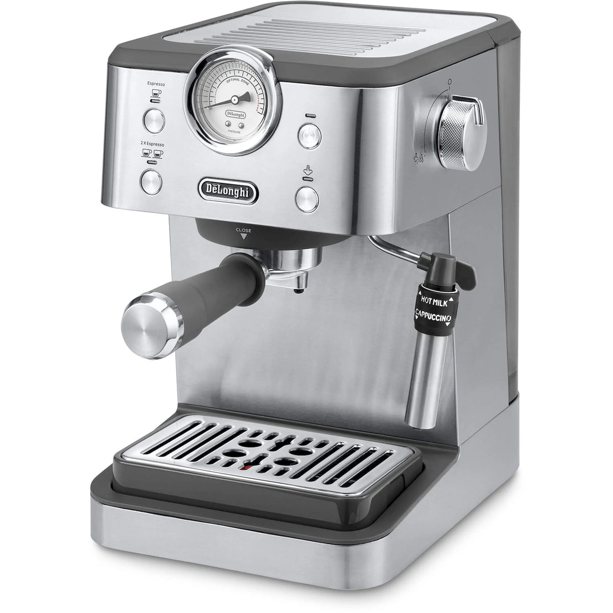Stainless espresso machine front with pressure gauge, steam wand, and portafilter handle