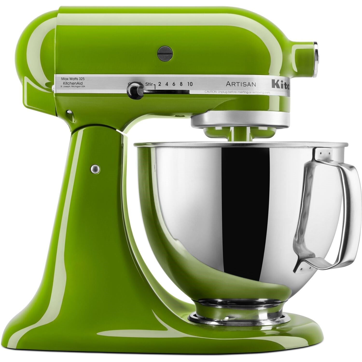 Matcha green tilt-head stand mixer with stainless bowl and polished mixing attachment