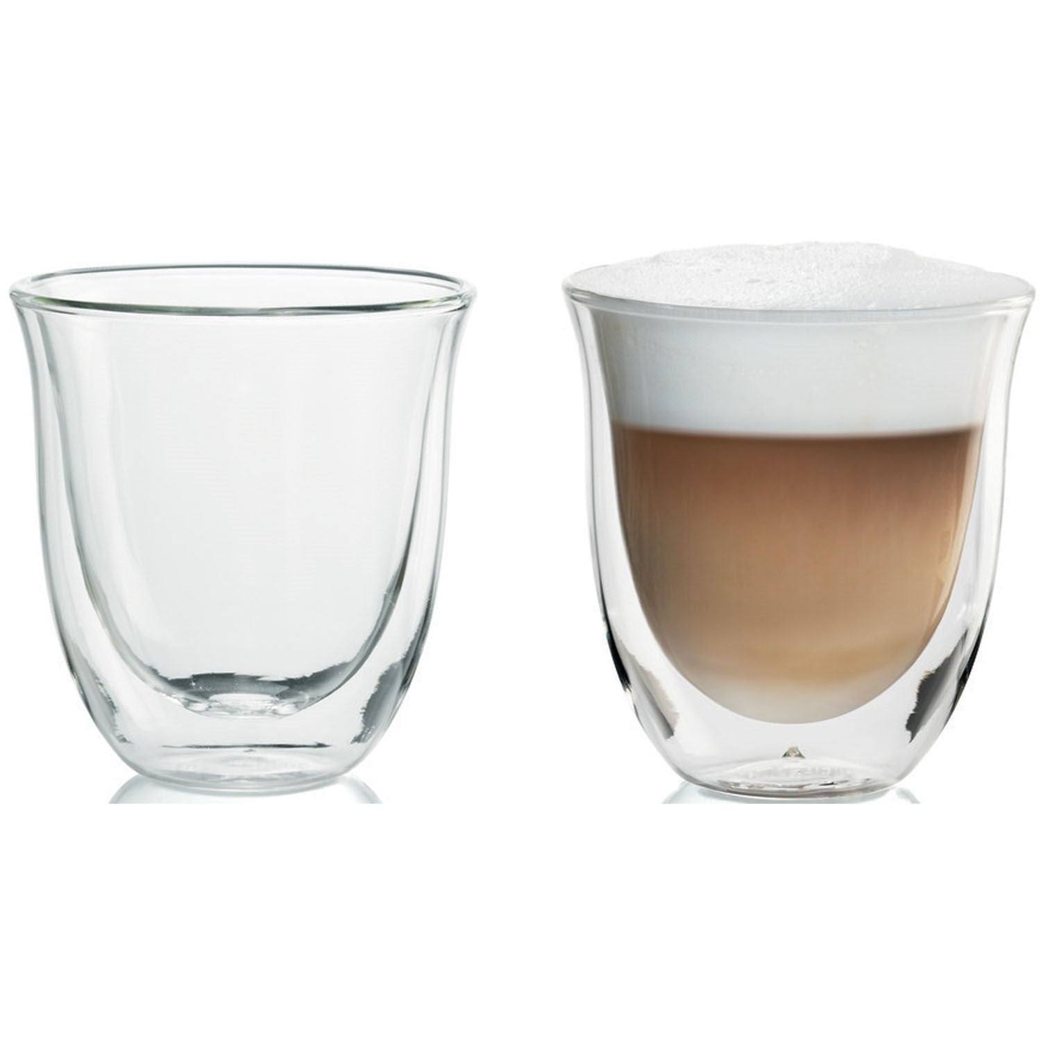 Pair of clear cappuccino glasses filled with coffee and foam, flared rims