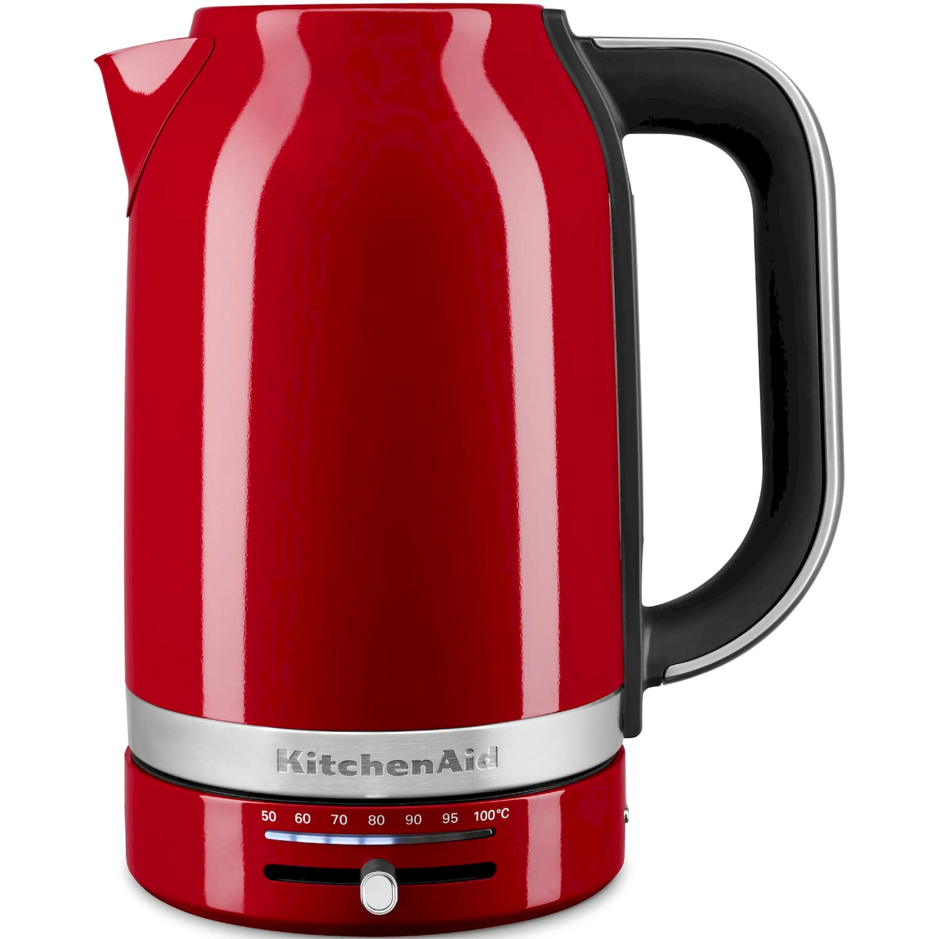Red electric water kettle with black handle and stainless rim, front view