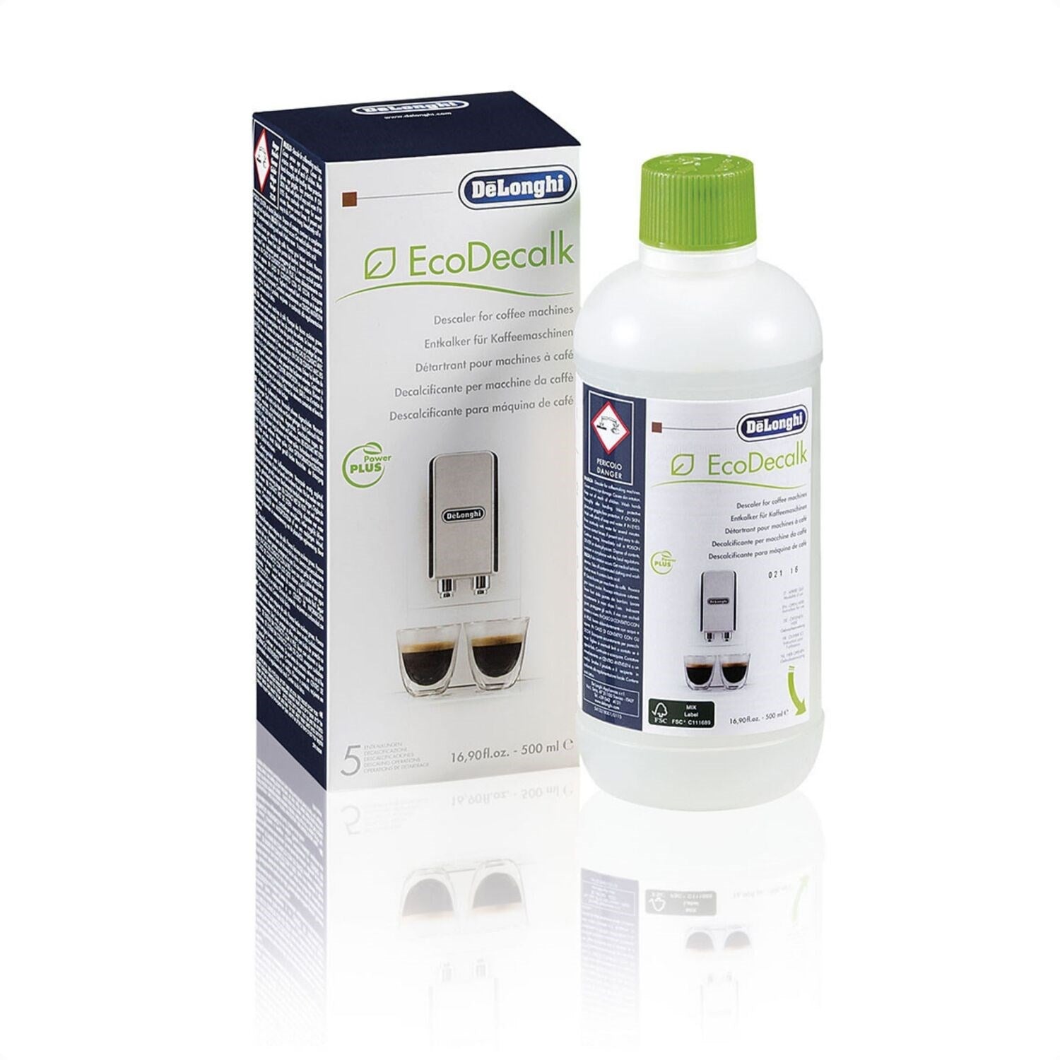 De'Longhi EcoDecalk descaler bottle with green cap and product box, 500 ml.