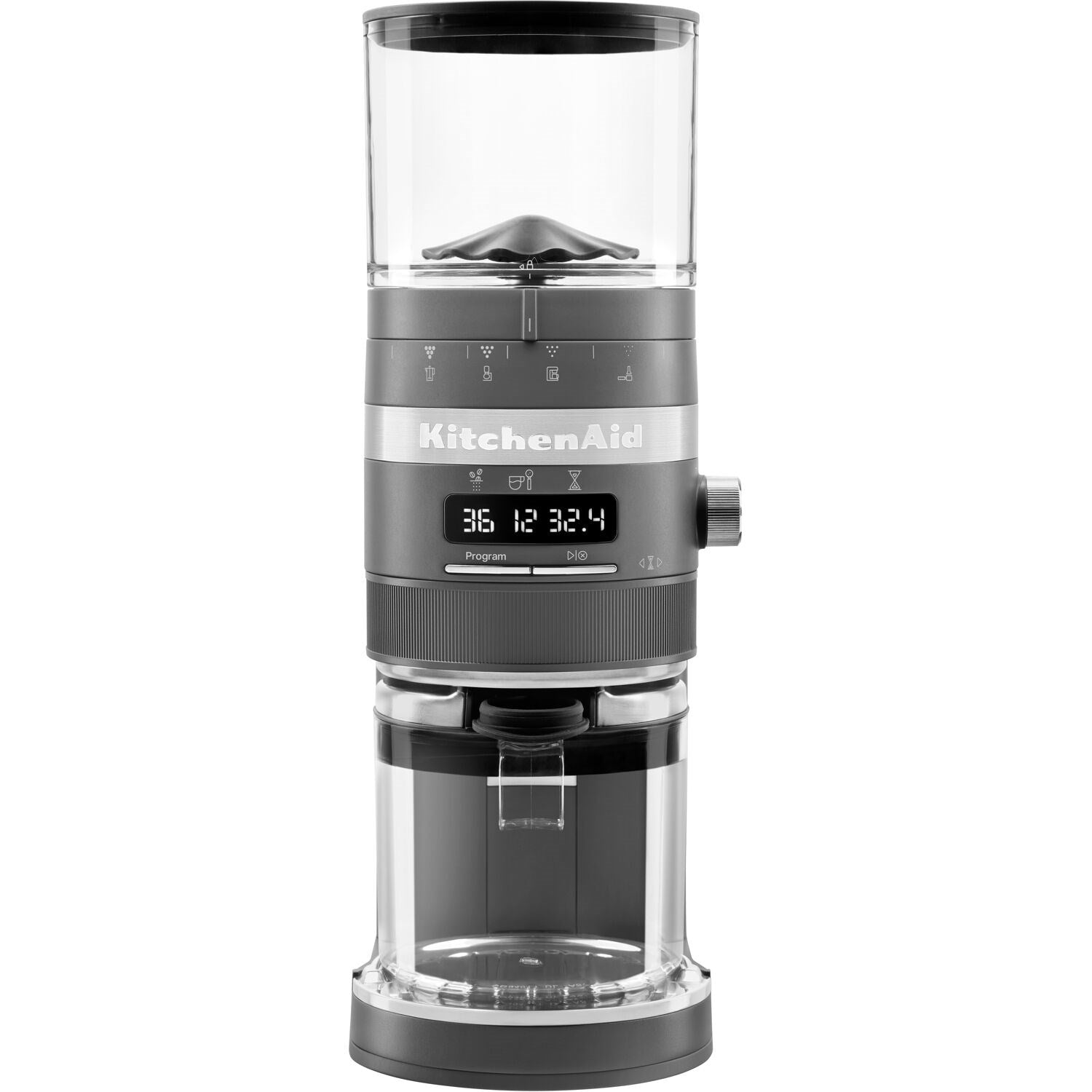 Charcoal grey burr coffee grinder with bean hopper and LCD settings display