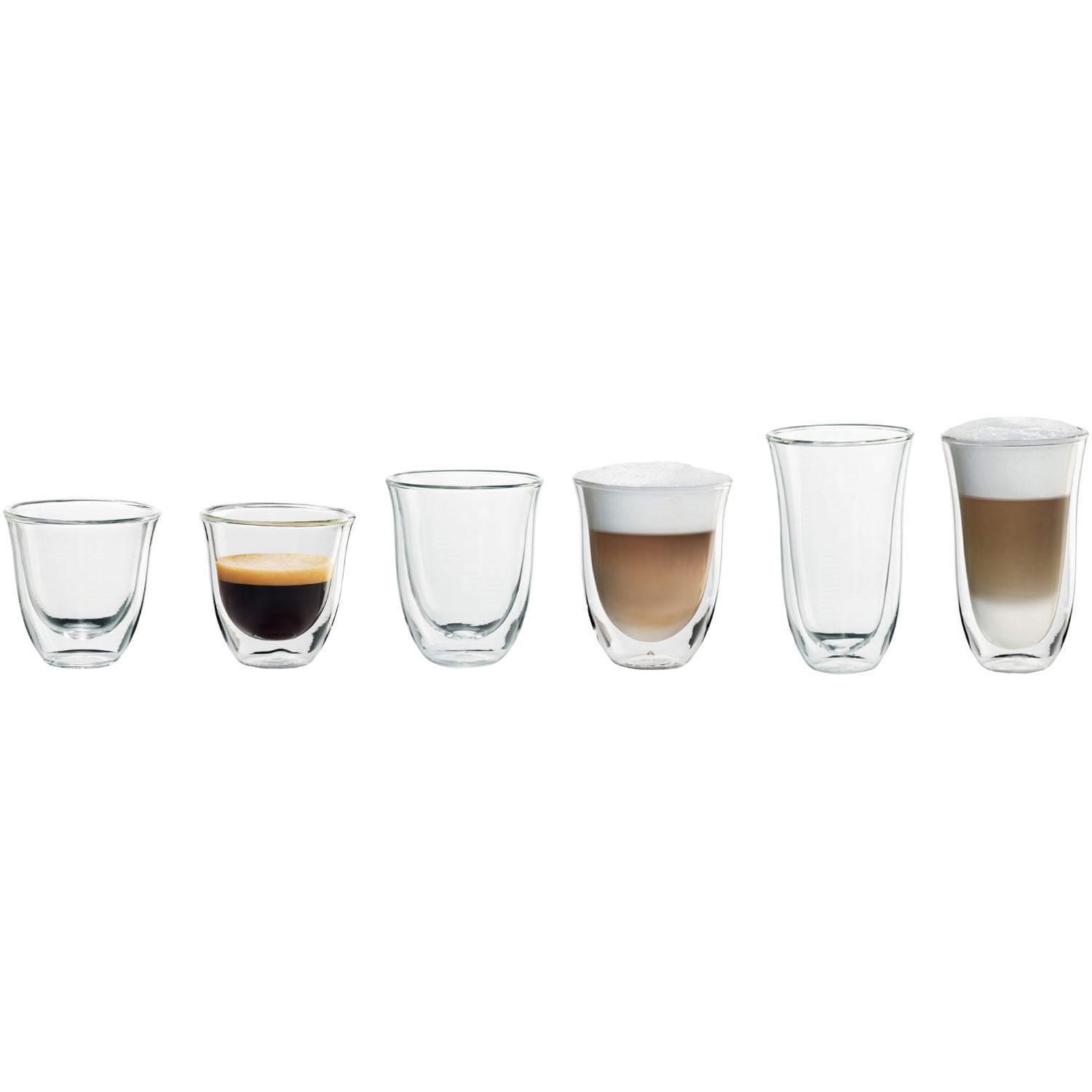 Set of clear double-wall thermo glasses in different sizes, with a few filled with espresso.