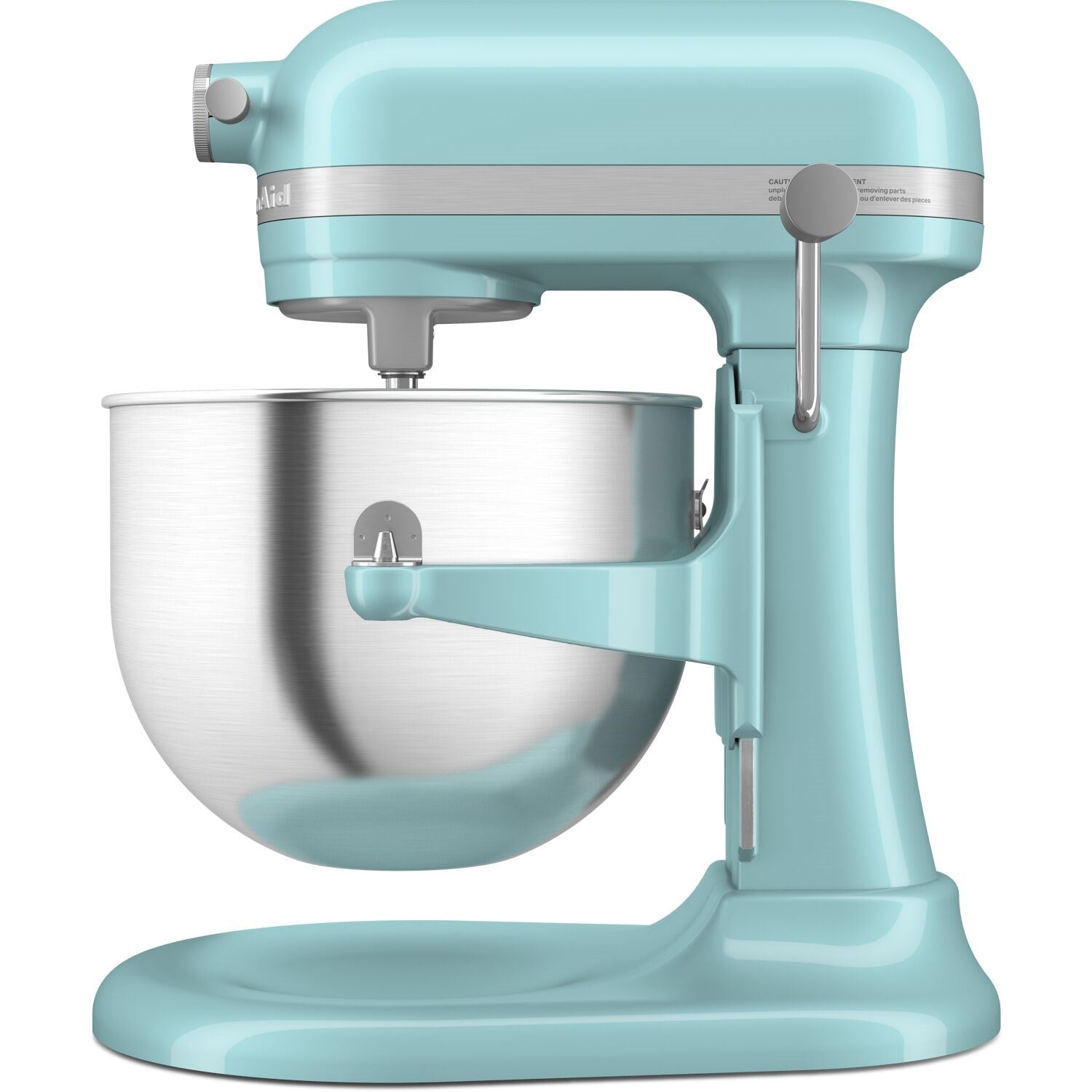 KitchenAid aqua stand mixer head with stainless mixing bowl