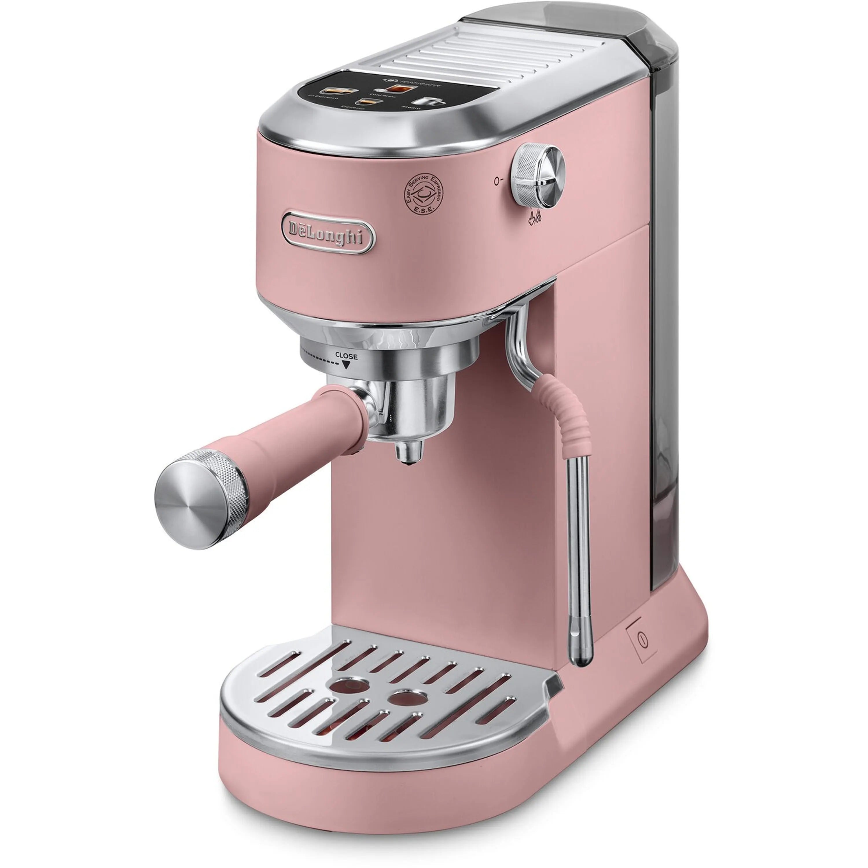 Pink and stainless espresso machine with steam wand and drip tray