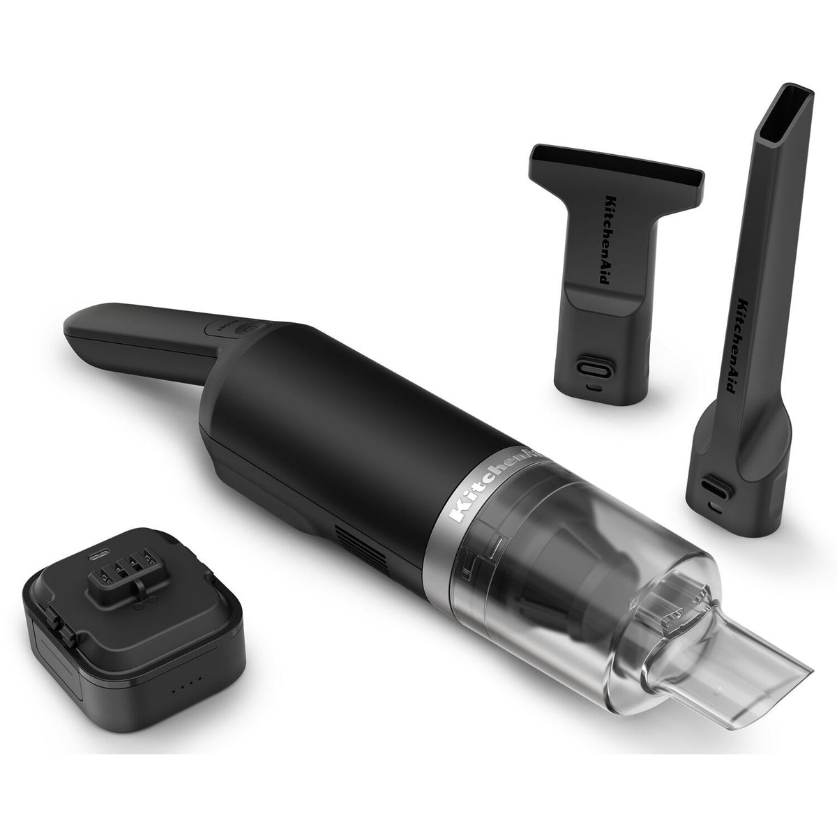 KitchenAid cordless vacuum set in black matte with removable battery and crevice tools