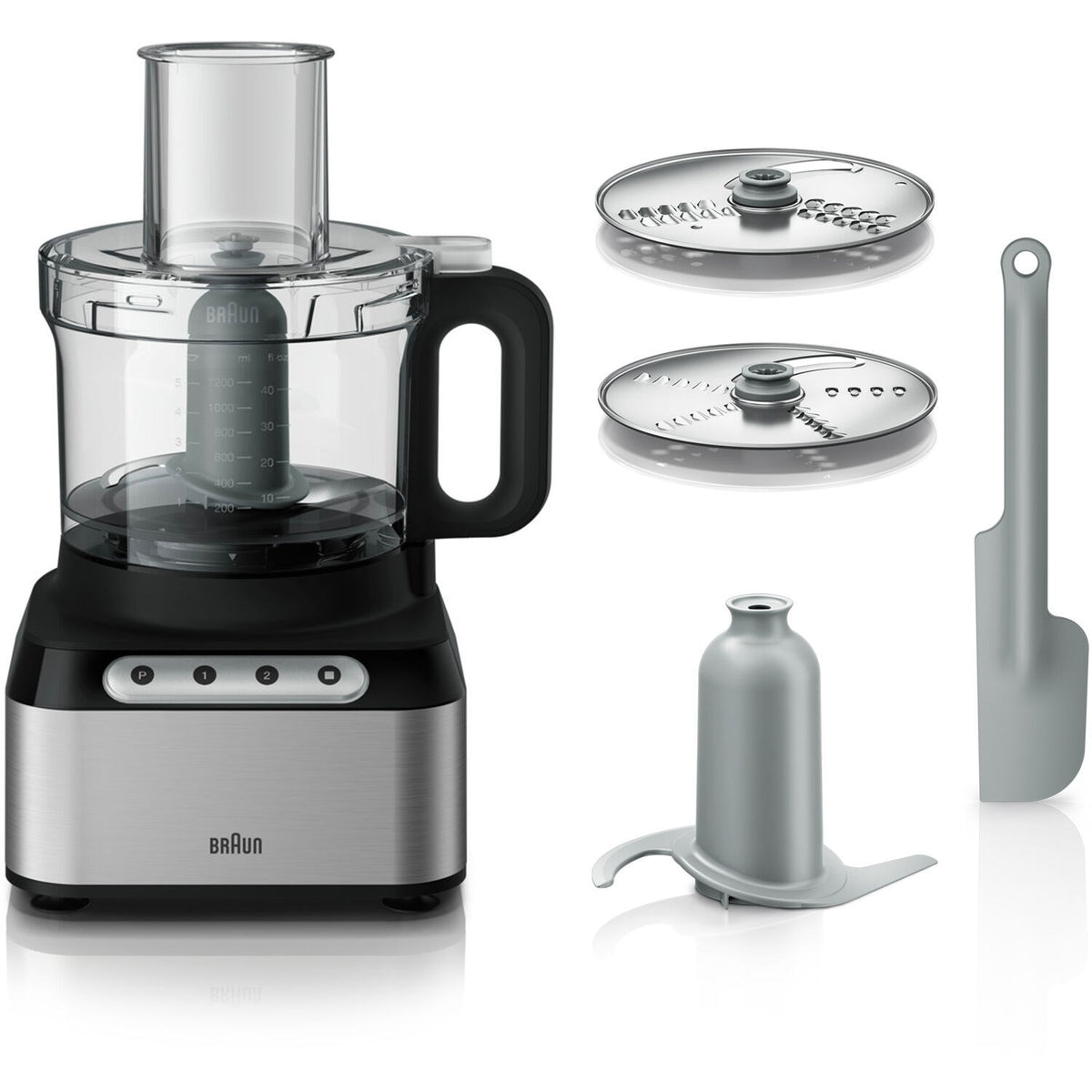 Braun food processor set: clear bowl, stainless base, slicing discs and spatula