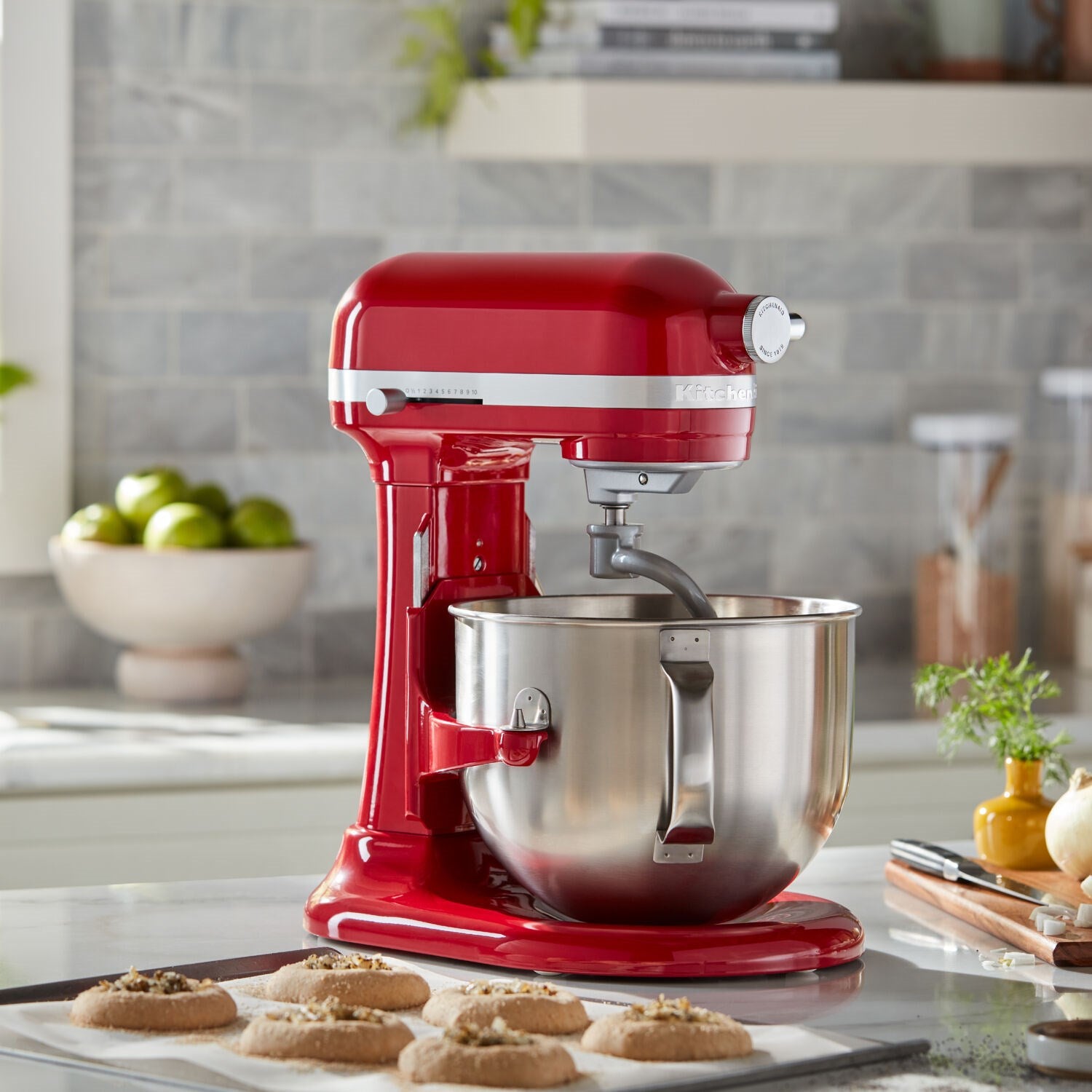 Empire Red KitchenAid stand mixer with stainless bowl and bowl-lift mechanism