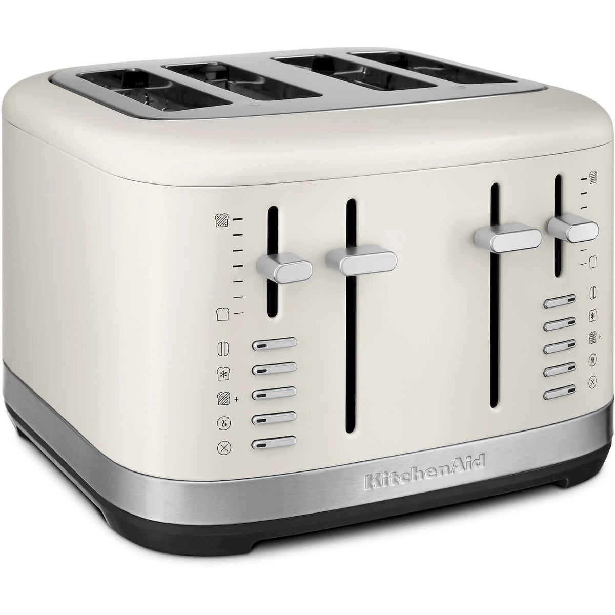 Porcelain 4-slice toaster with stainless base, four-slot top, and control dials