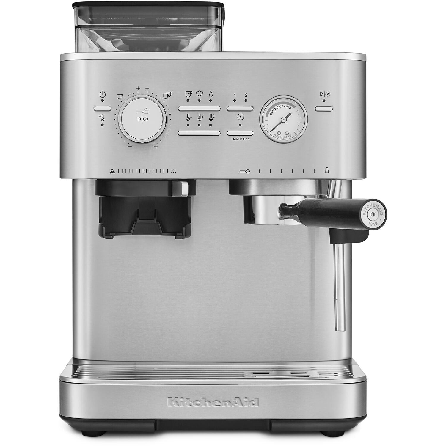 Front view stainless steel semi-automatic espresso machine with control knobs