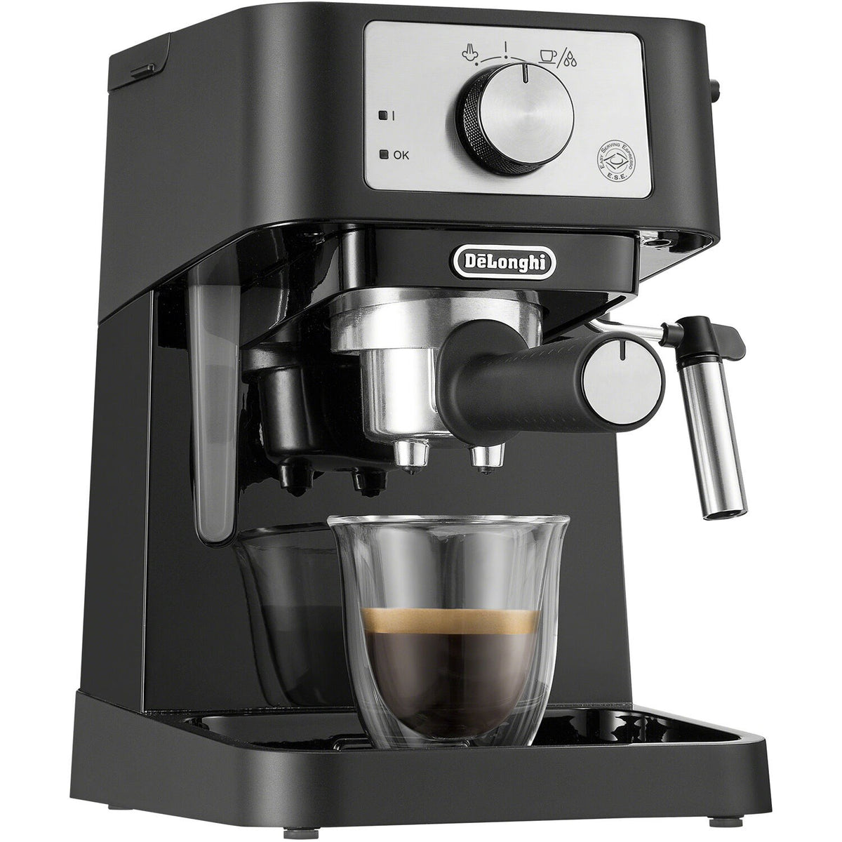 Black pump espresso machine with portafilter cradle and front drip area