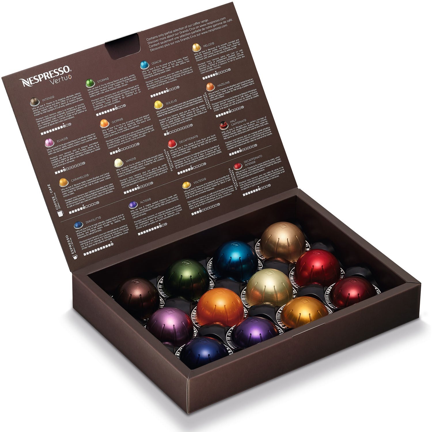 Nespresso capsule assortment in open box with multicolor pods