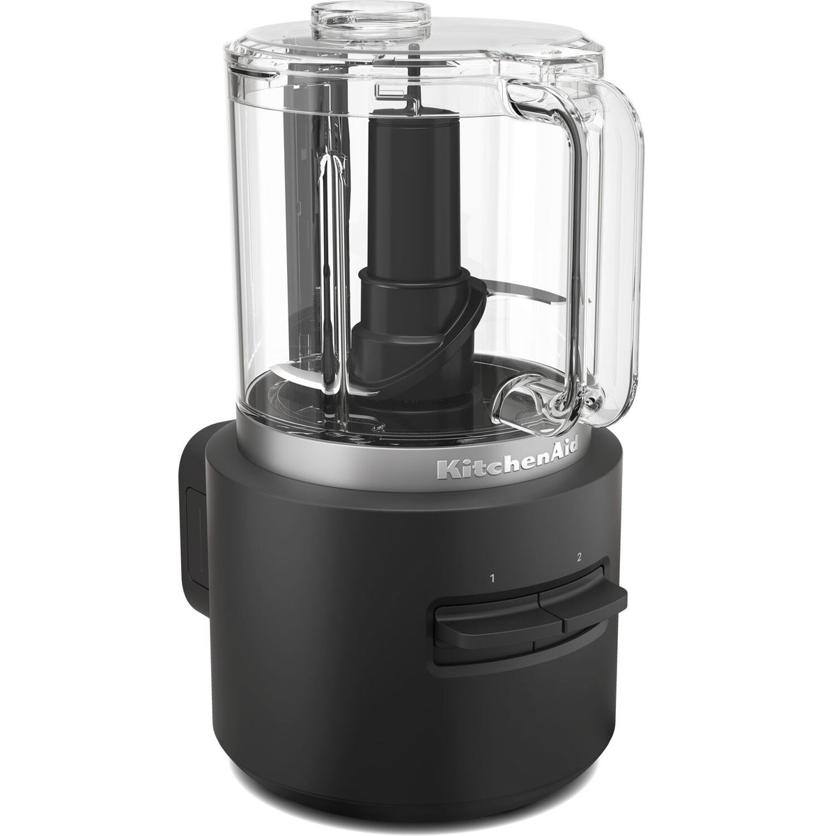 Black cordless chopper with clear cup and central stainless blade inside