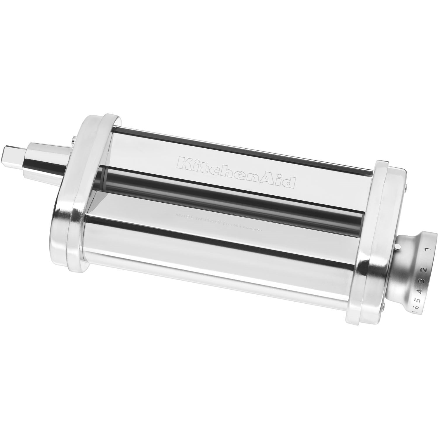 KitchenAid pasta roller with silver drum and adjustable thickness dial