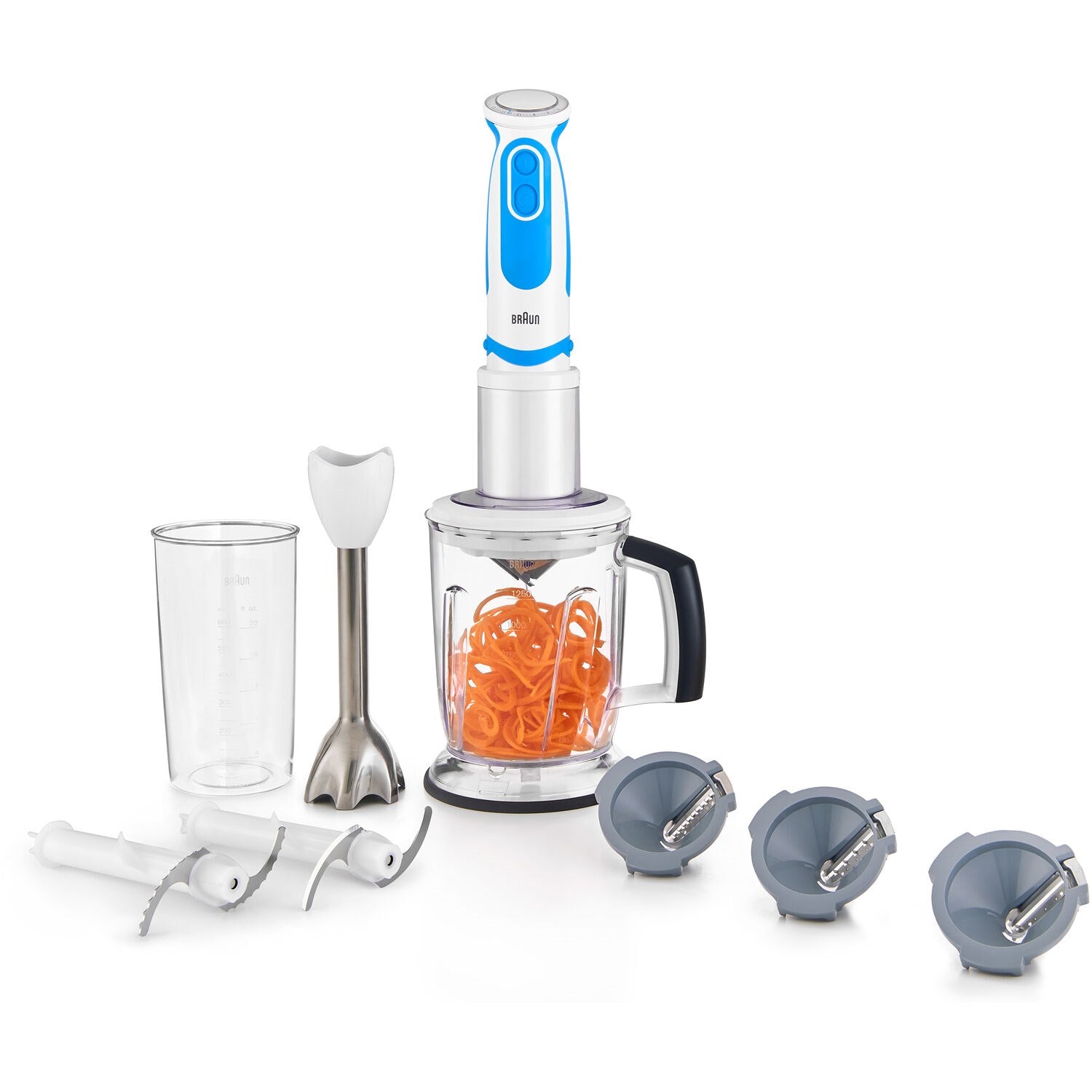 Blue and white hand blender with mixing shaft and beaker attachment