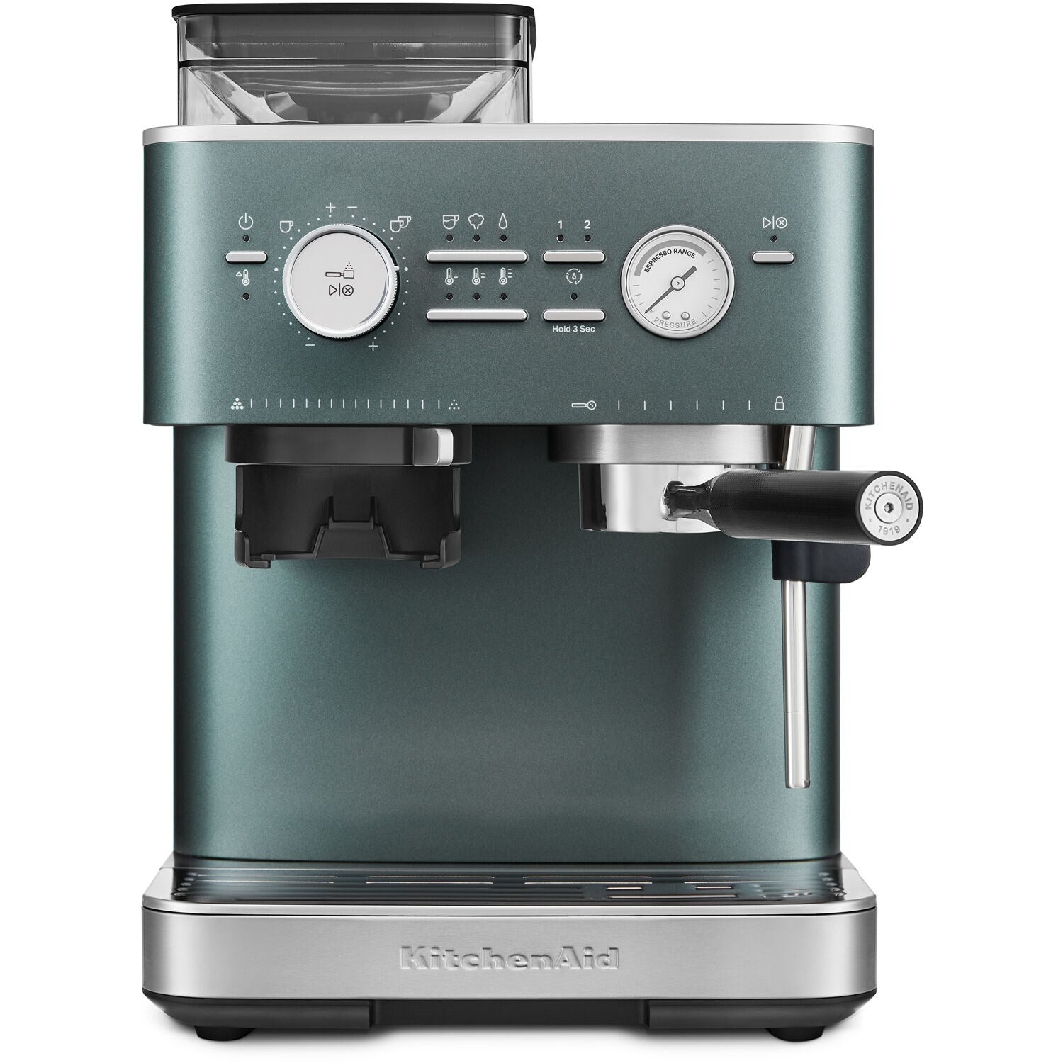 Juniper green espresso machine front view with two dials and steam wand