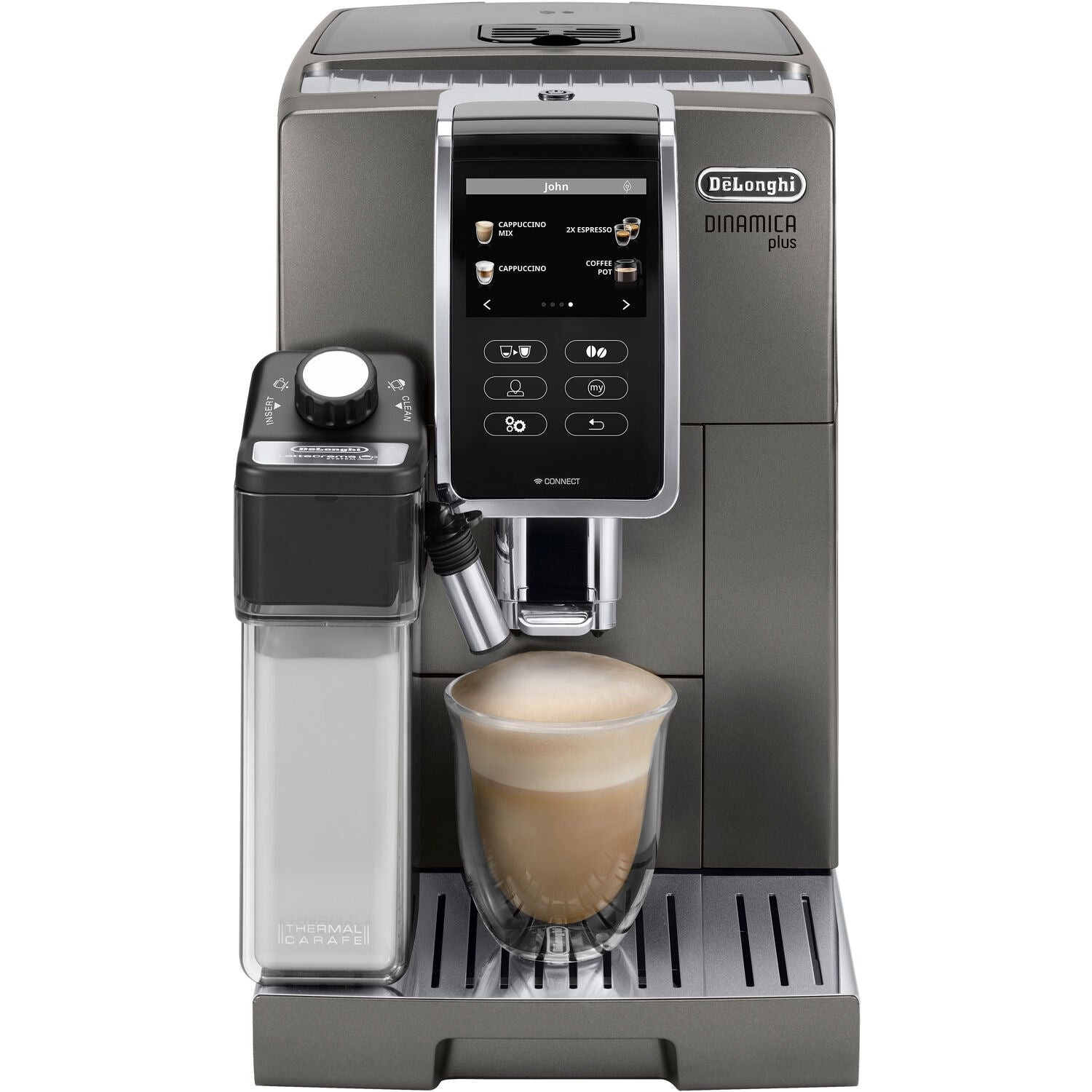 Front view of titanium super-automatic coffee machine with display, carafe, and milk frother