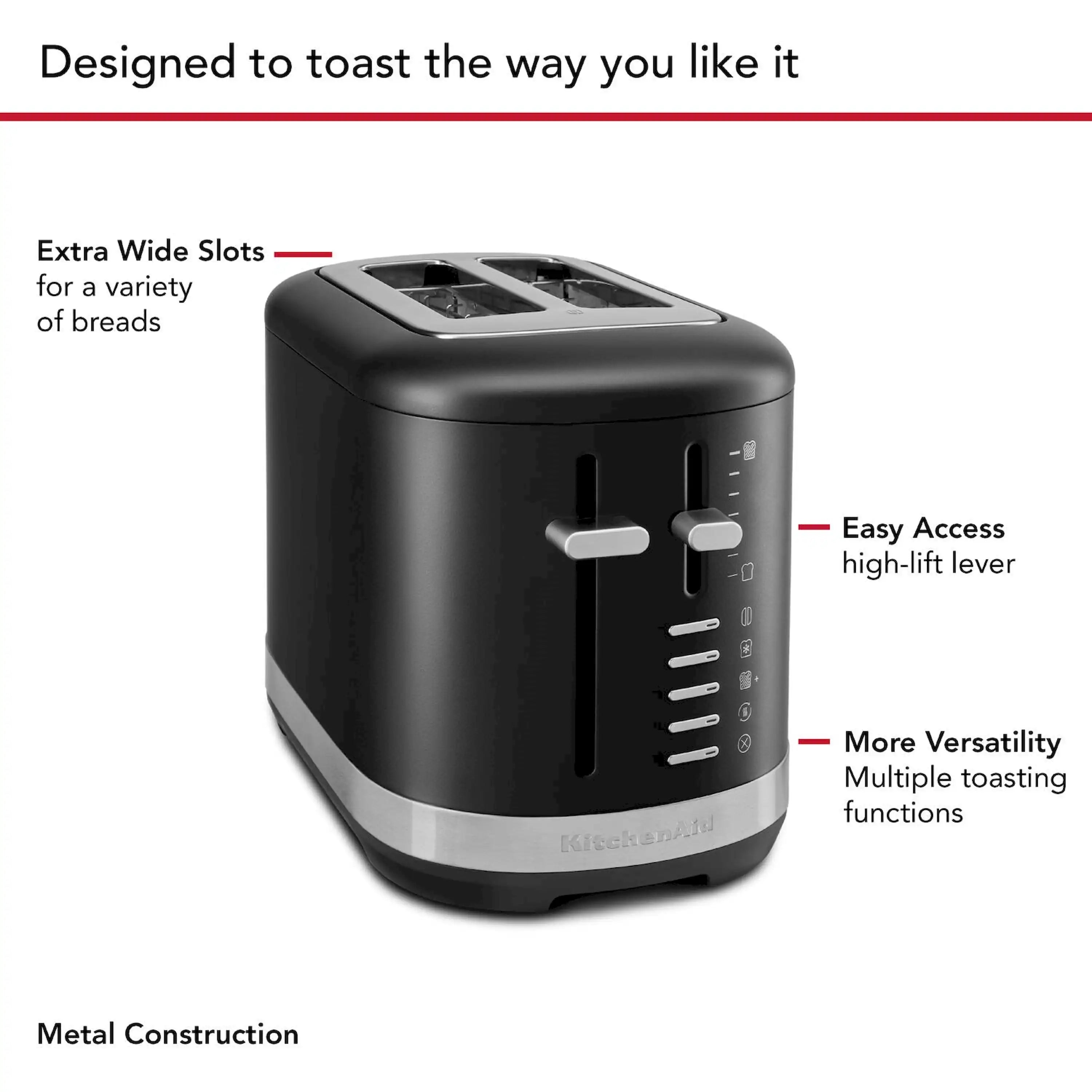 KitchenAid 2-slice toaster showing high-lift lever and side browning controls, black matte