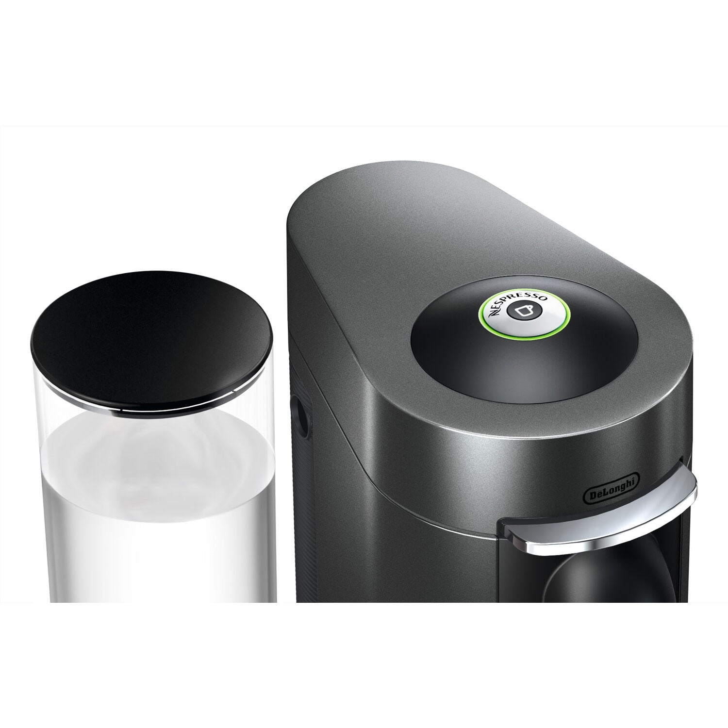 Titanium single-serve coffee machine close-up with top button and capsule lid