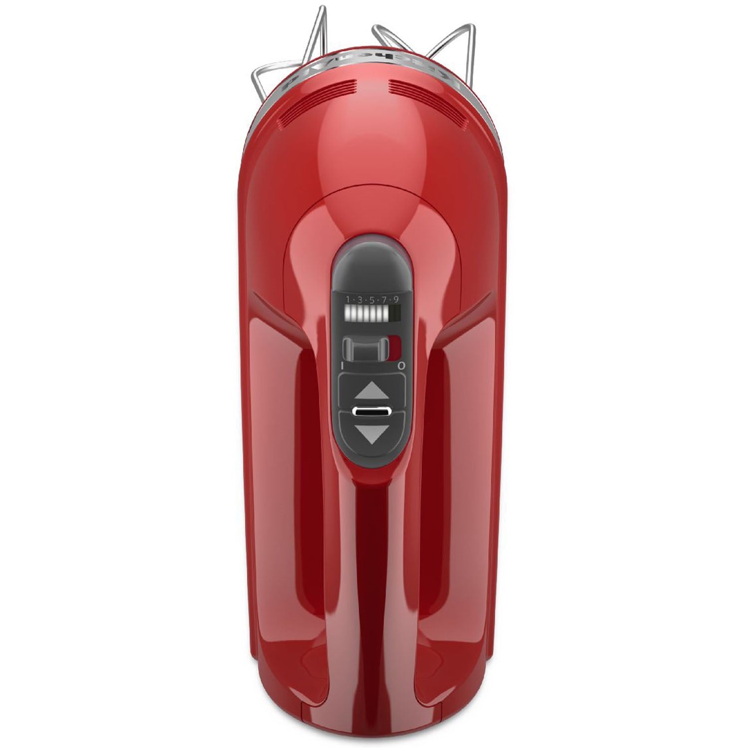 Empire Red KitchenAid hand mixer with front control icons and speed display