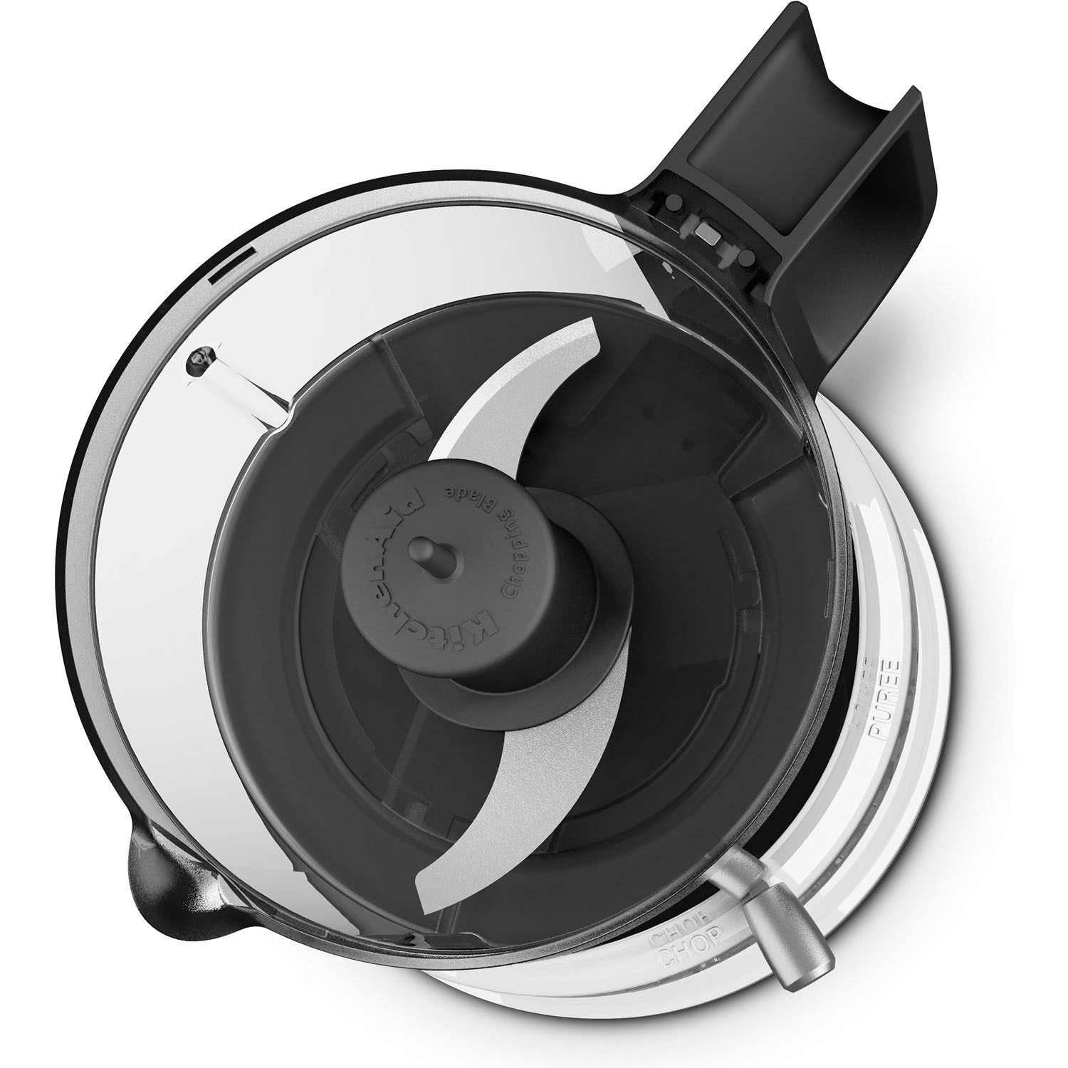Food chopper blade assembly with black central hub inside clear chopper bowl