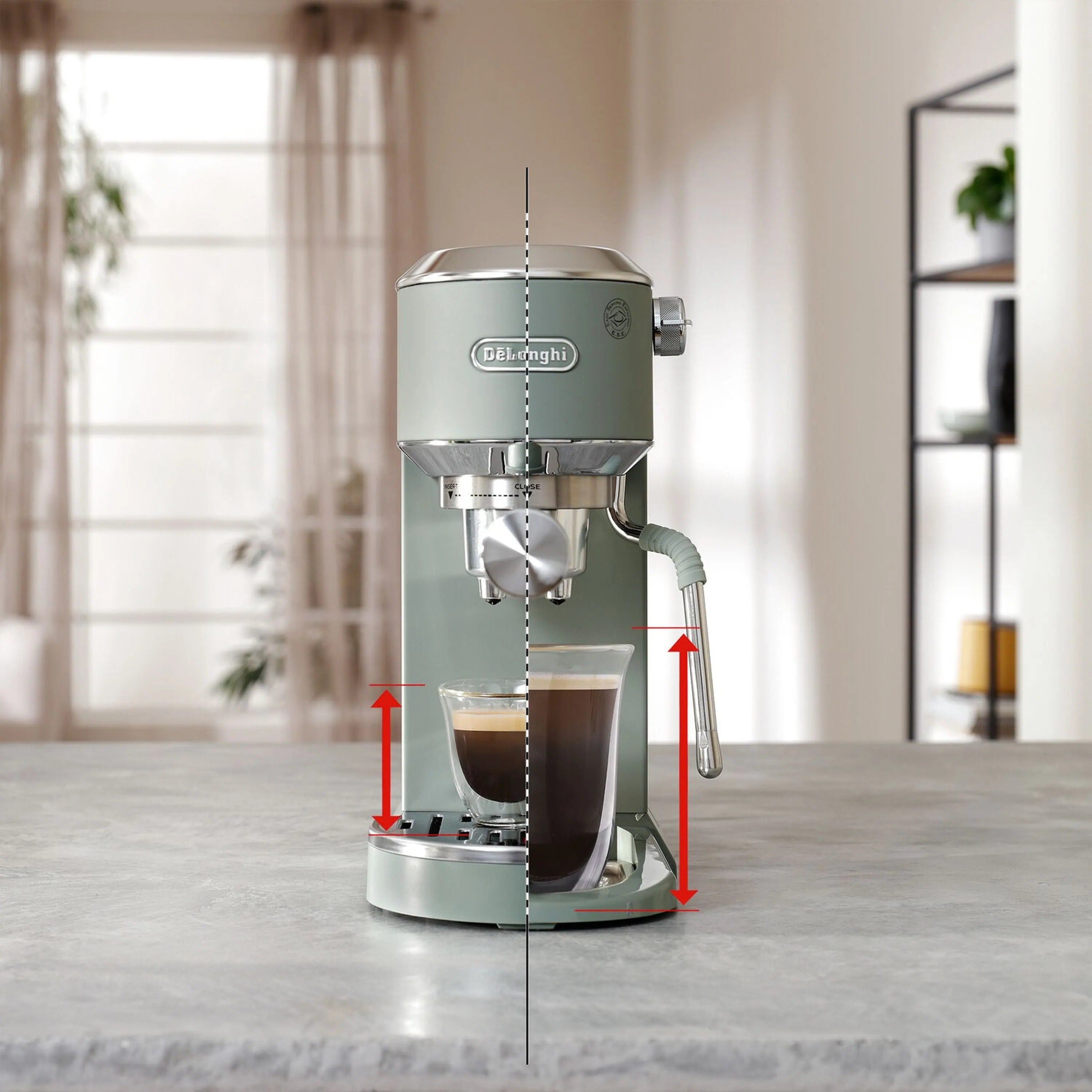Green De'Longhi espresso machine shown from the front with height measurement markers
