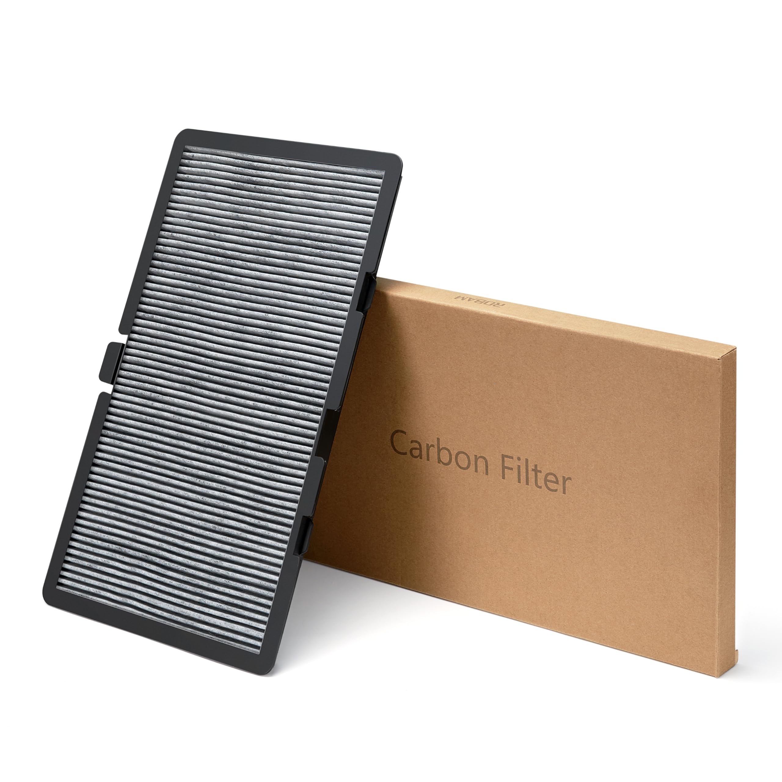 Charcoal air filter insert with black frame and fine pleated mesh