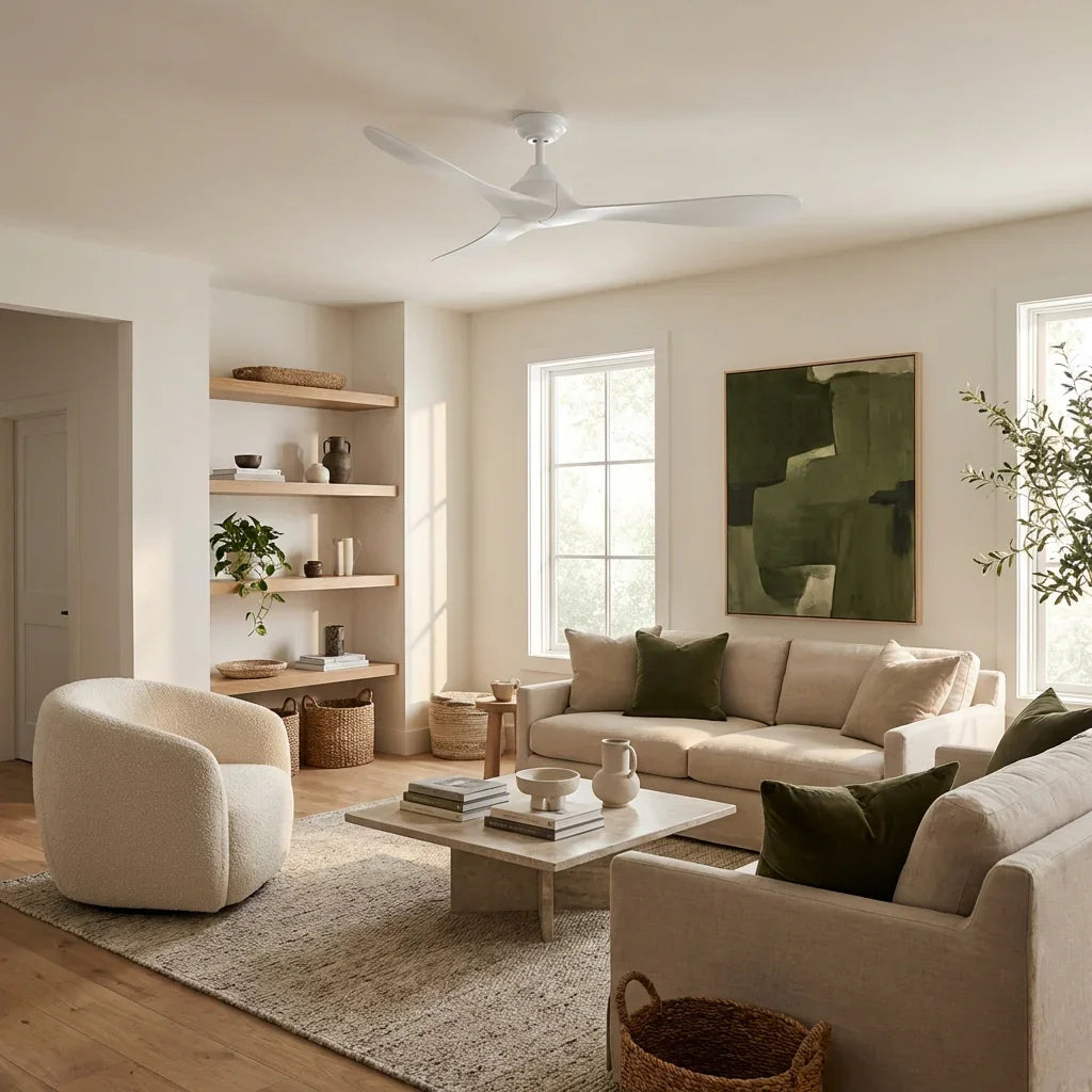 Black ceiling fan mounted on a high ceiling above a neutral-colored living room.