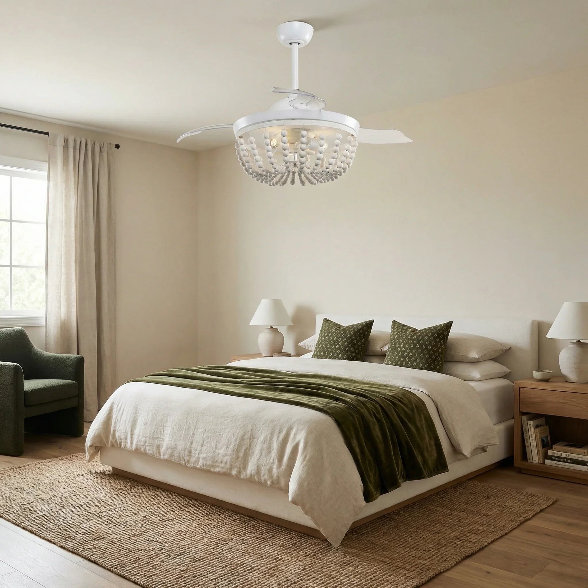 Beaded white ceiling fan with globe light over a bedroom-style setting