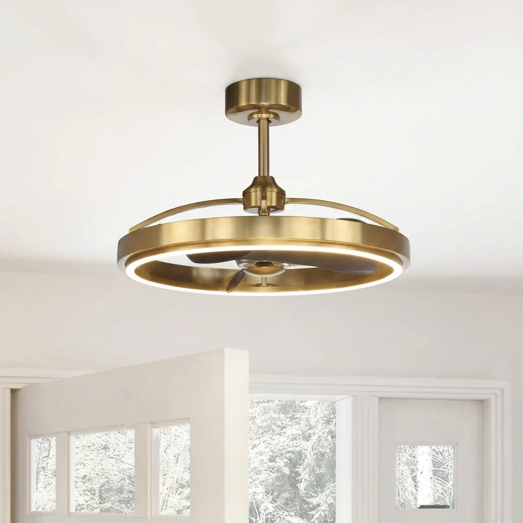 Golden ceiling fan with integrated light ring and three curved blades, close-up