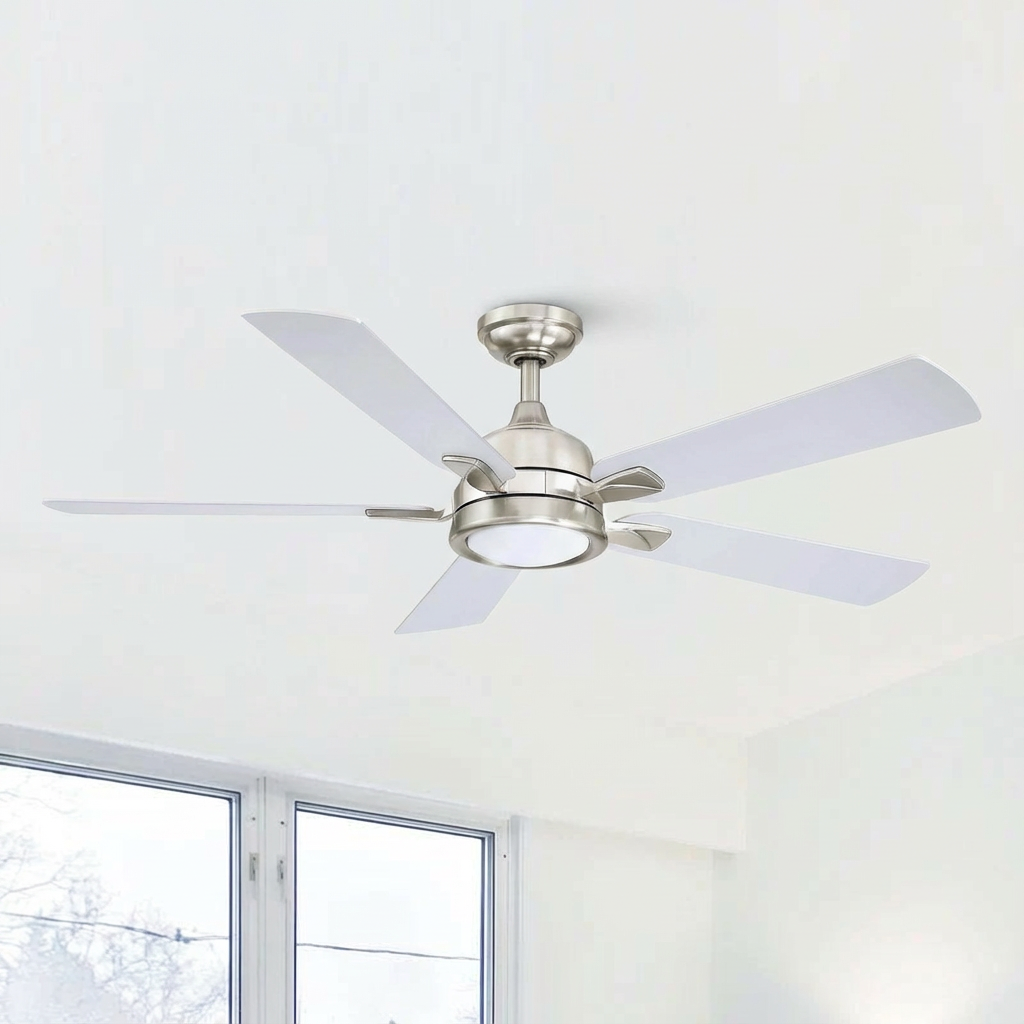 Brush Nickel industrial ceiling fan with five white blades and round light