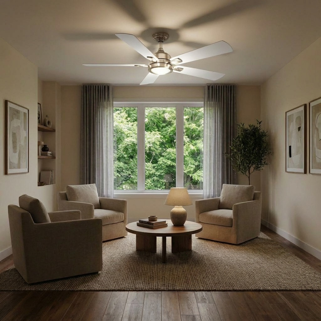 Brush Nickel industrial ceiling fan with five blades and integrated light