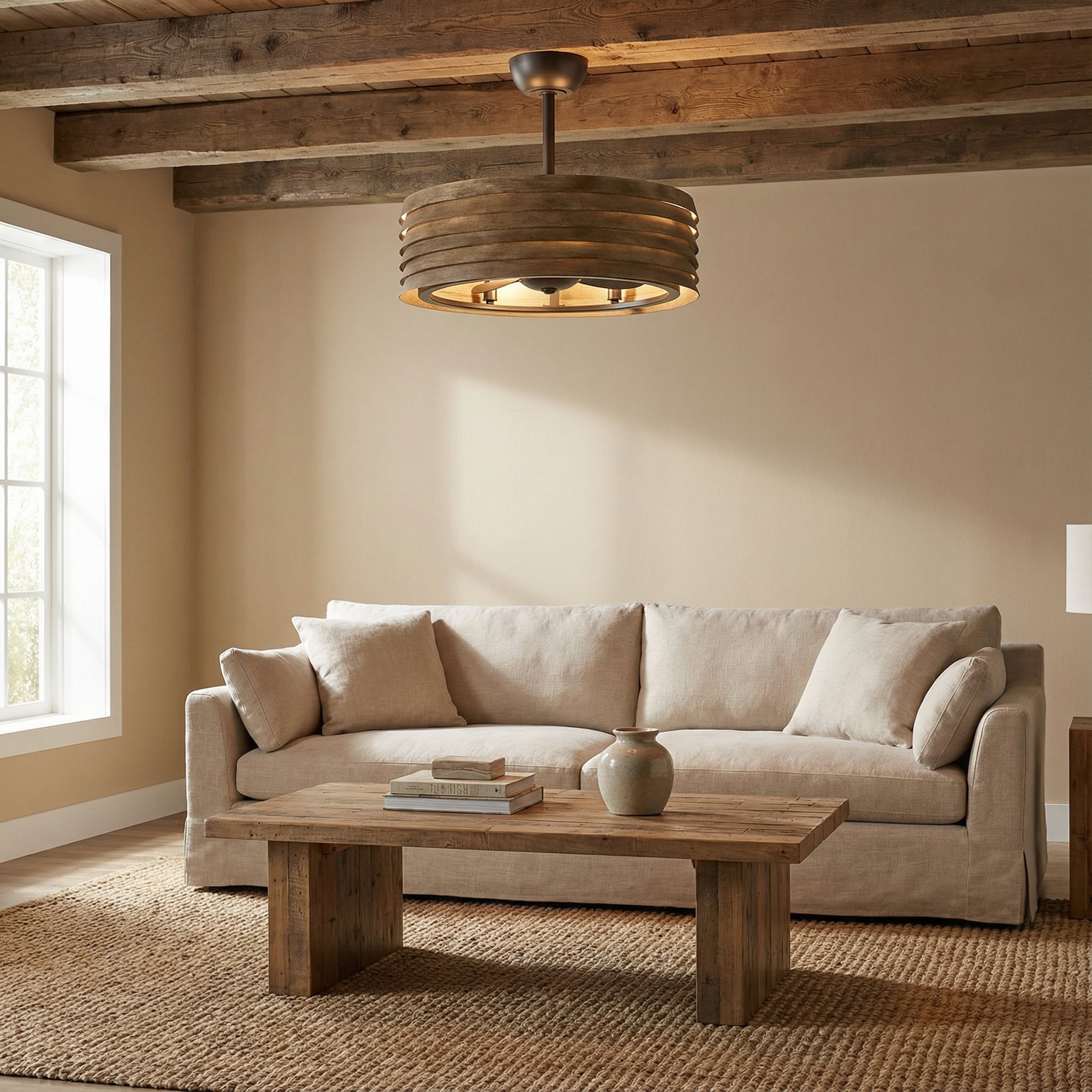 Brown farmhouse ceiling fan with light, downrod mounted