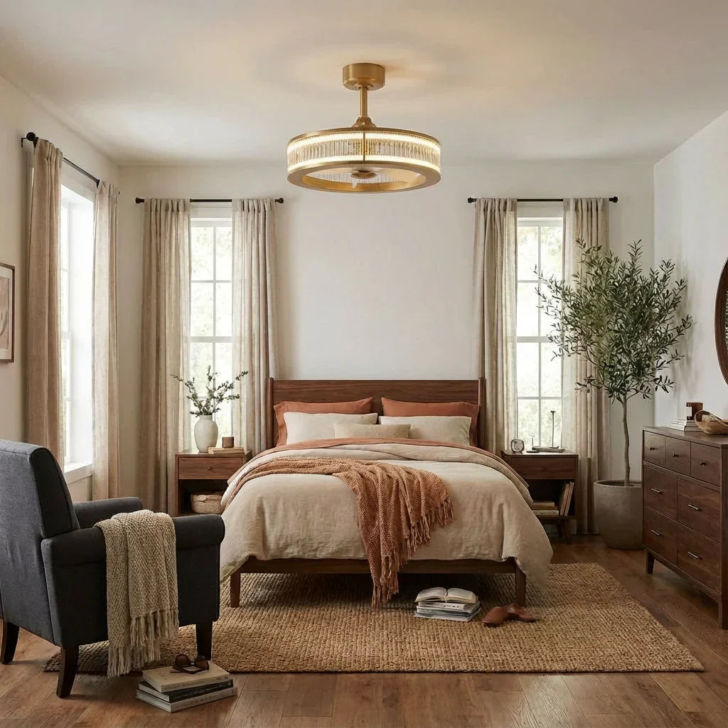 Golden ceiling fan chandelier with drum shade and central light fixture