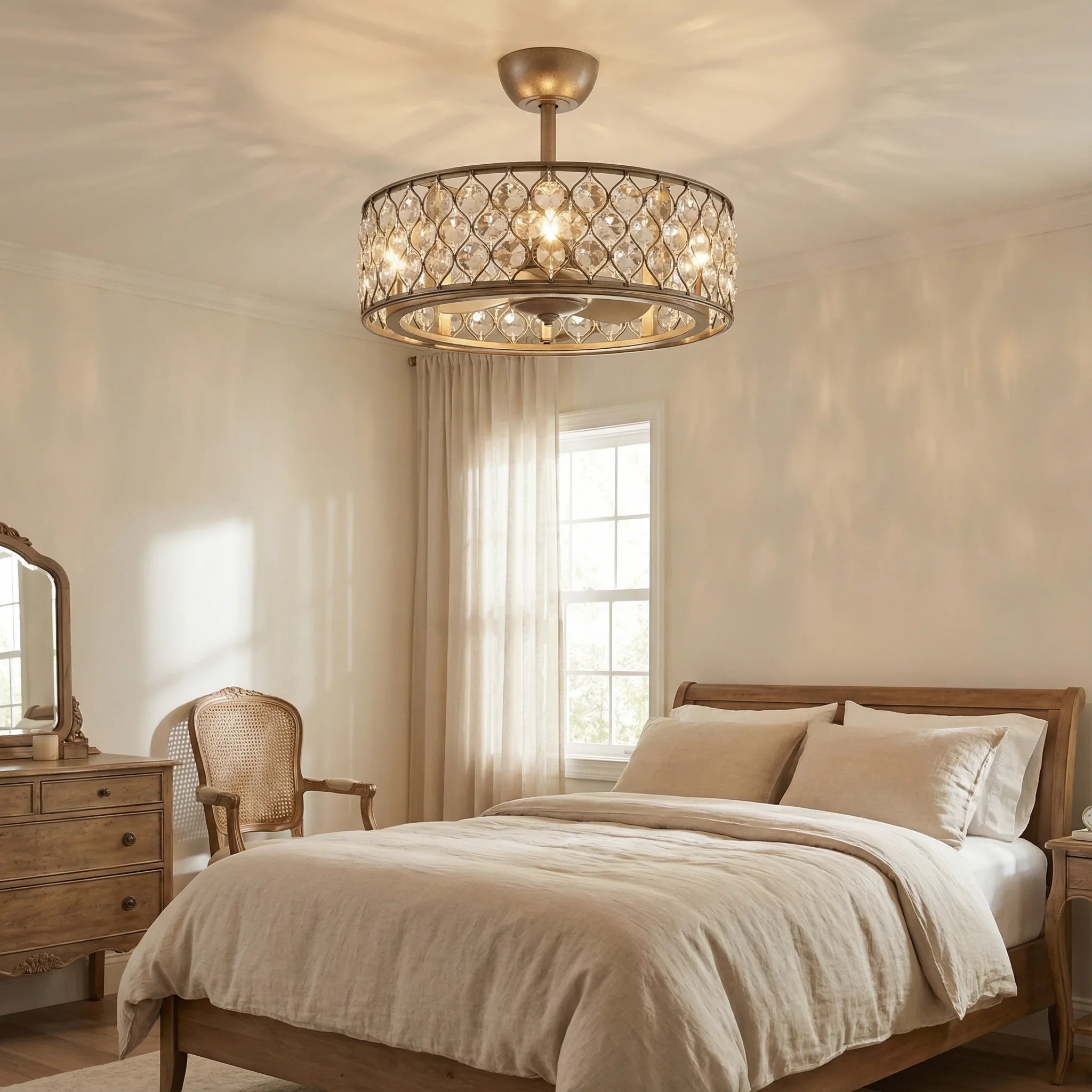 Golden crystal ceiling fan light fixture with warm glowing bulbs in a bedroom