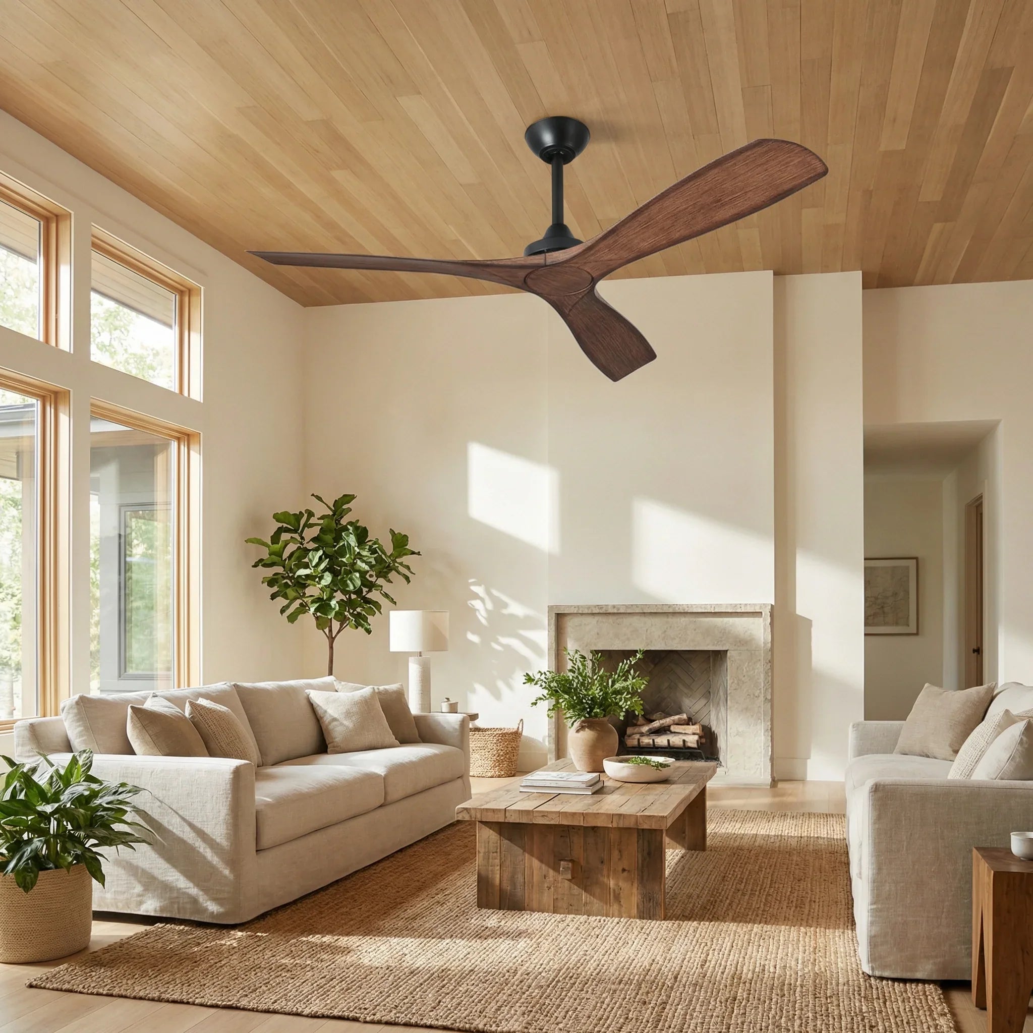 Brown ceiling fan in a living room ceiling with three wood-look blades