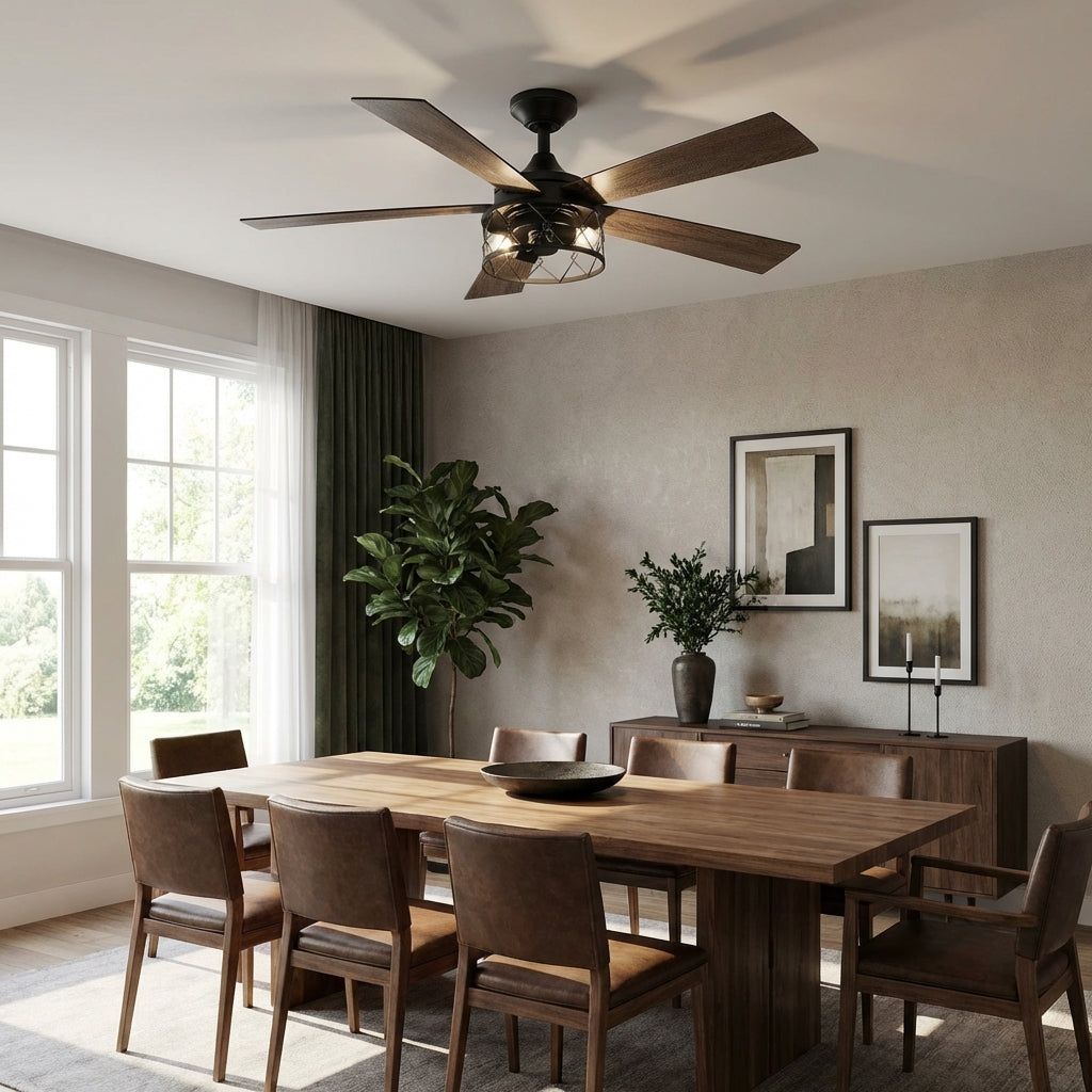Black ceiling fan with reversible wood blades and glass lantern light kit