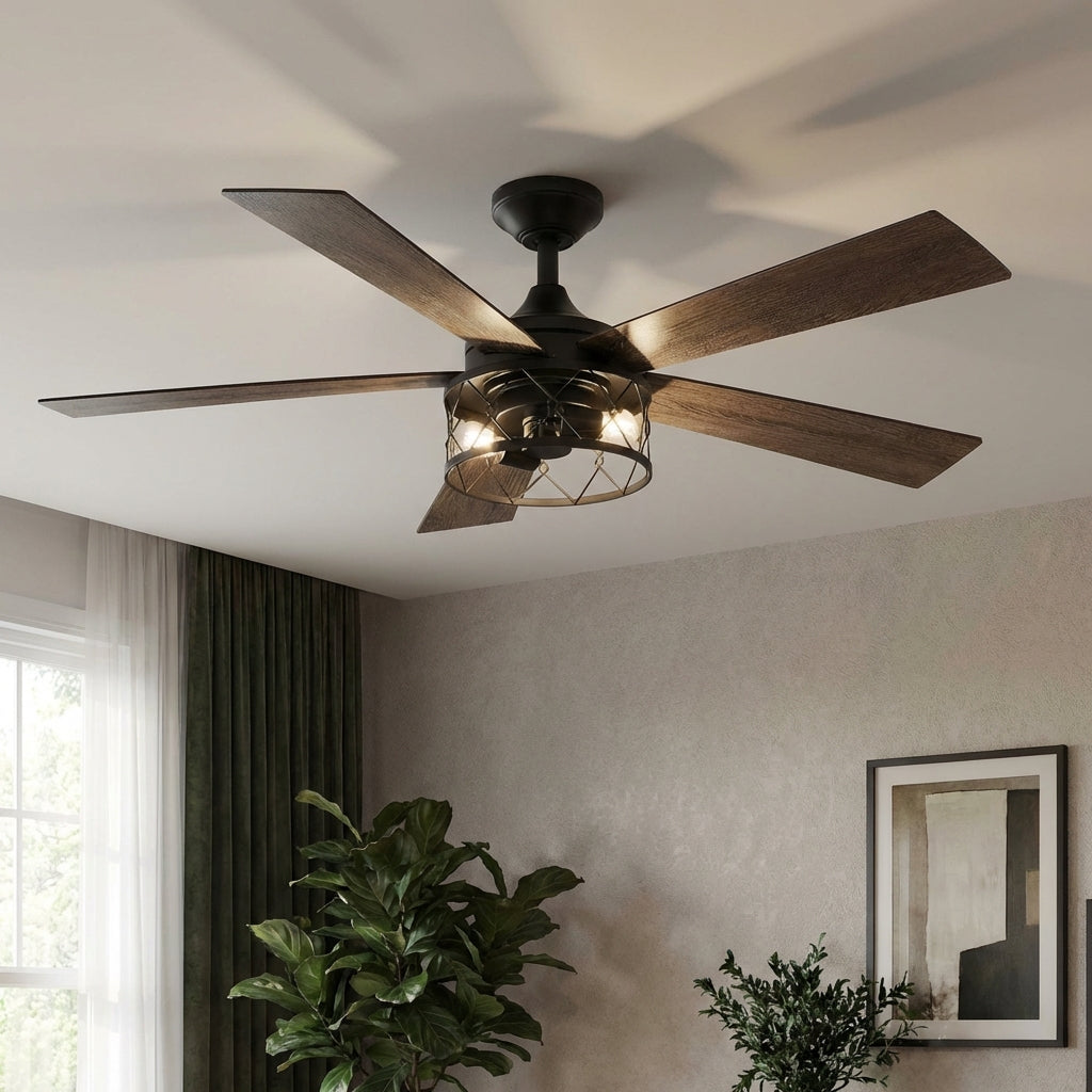 Black 5-blade ceiling fan with reversible wood blades and lantern-style light shade