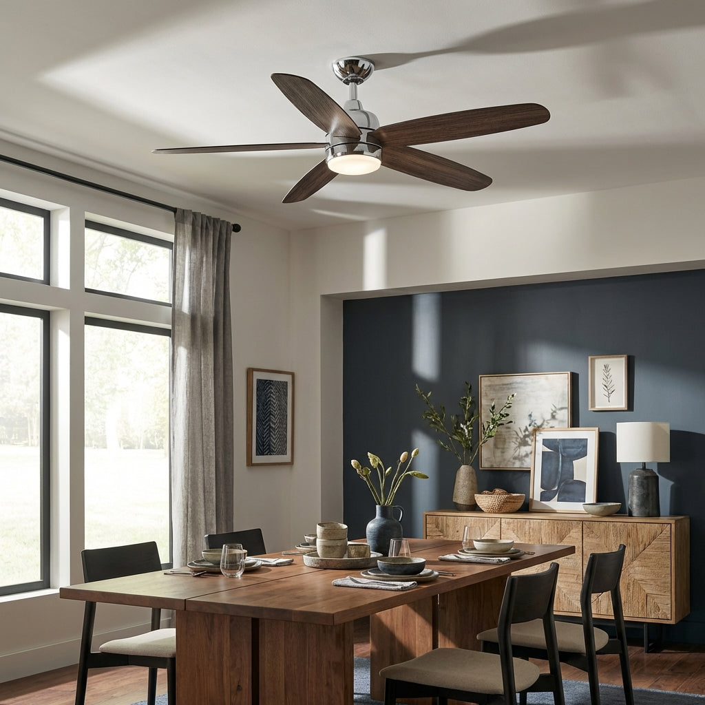 Chrome ceiling fan with five dark wood blades and integrated light fixture
