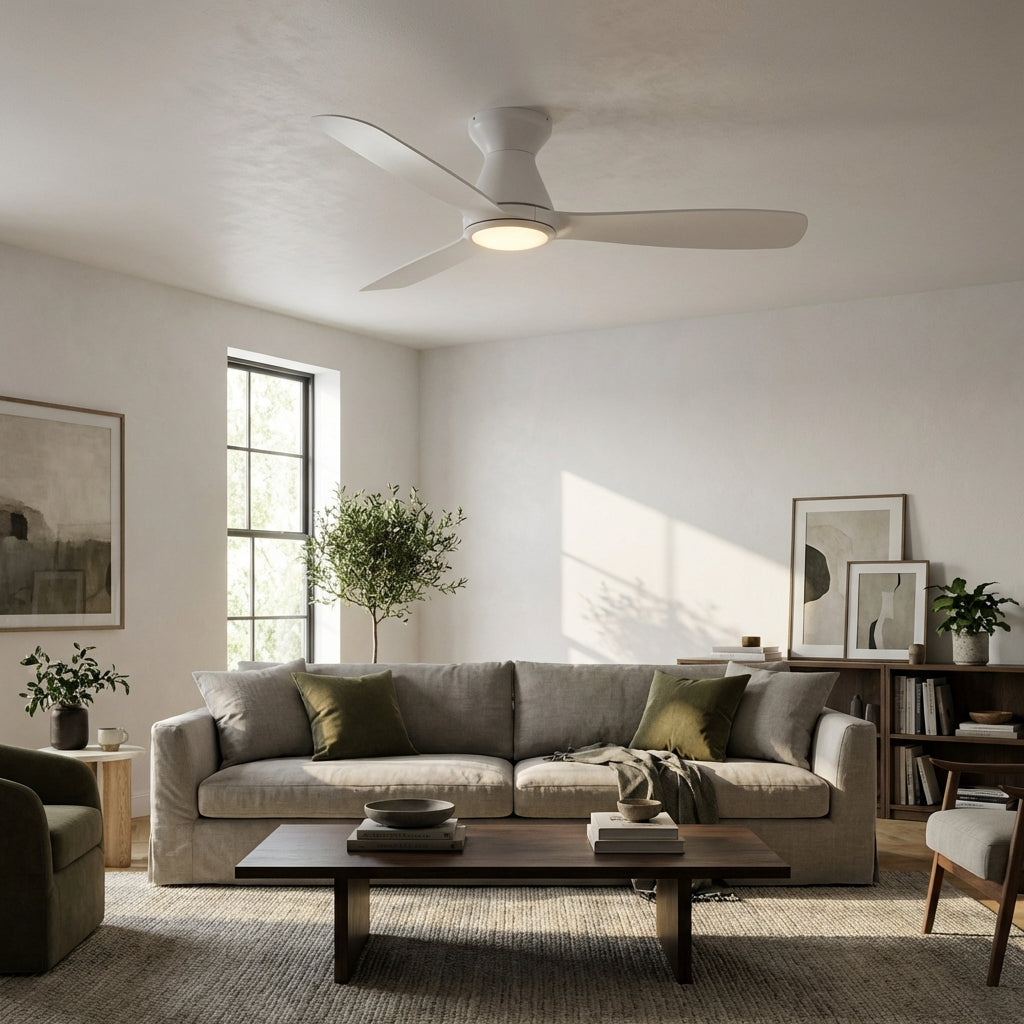 White flush-mount ceiling fan with LED light, centered over a sofa seating area.