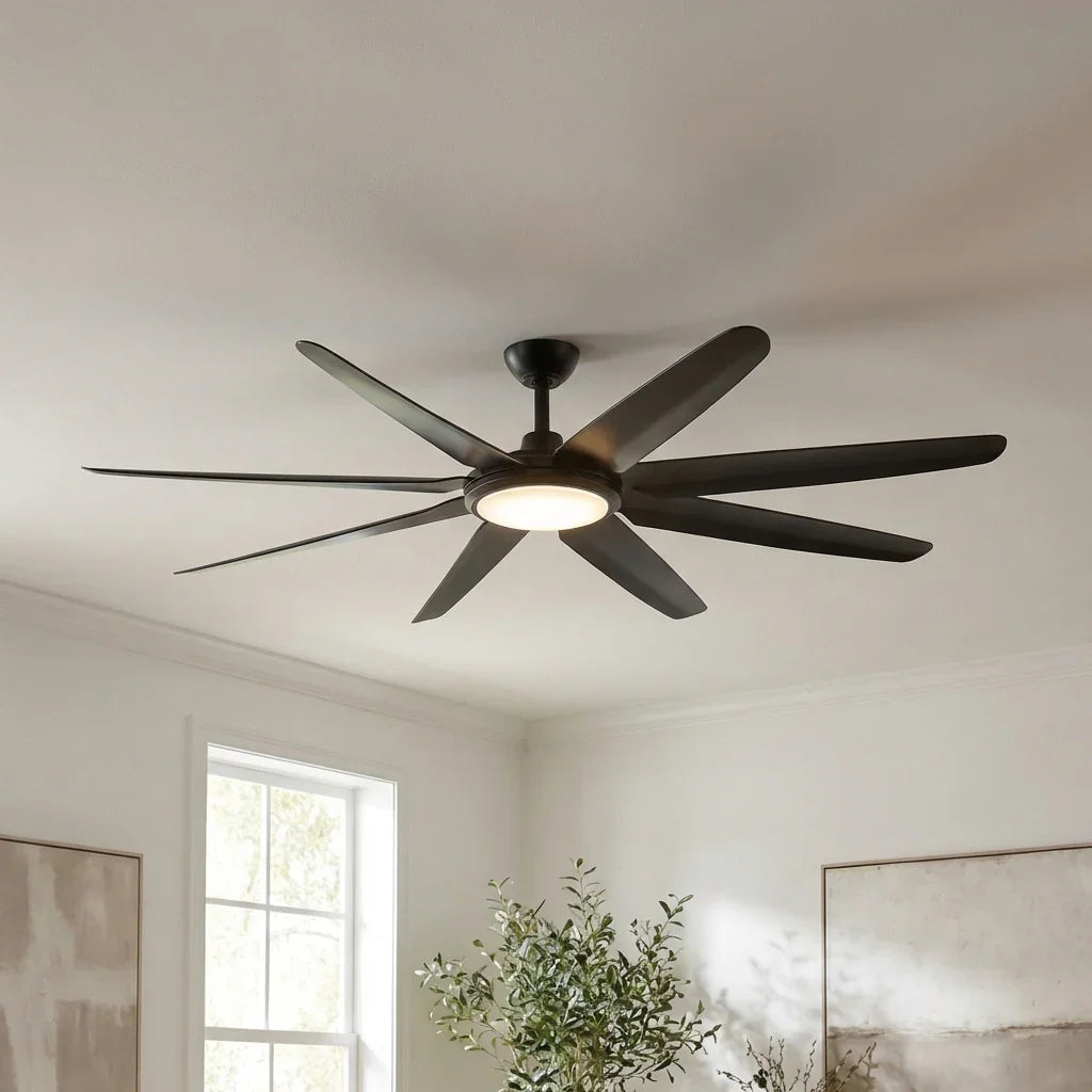 Black 65-inch ceiling fan dimensions shown with 6 in or 10 in downrod option